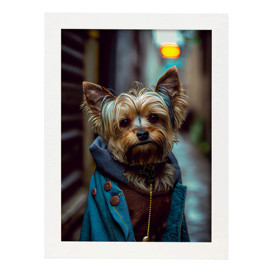Nacnic Lámina Yorkshire Terrier Curioso en estilo Fotografía a todo color. Divertidas ilustraciones realistas de animales con ropa humana. Diseño y Decoración de Interiores.-Artwork-Nacnic-A4-Marco Blanco-Nacnic Estudio SL