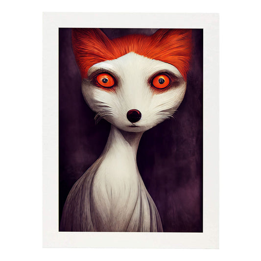 Nacnic Lámina Zorro Dependiente estilo T. Burton. Ilustraciones y pósters de animales inspirados en el arte gótico y oscuro de Burton. Diseño y Decoración de Interiores.-Artwork-Nacnic-A4-Marco Blanco-Nacnic Estudio SL