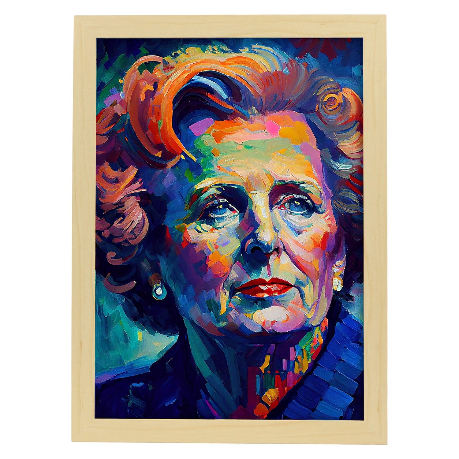 Nacnic Margaret Thatcher Pintura al óleo Strokes Colorfu. Estampados de arte de pared estético para el diseño de dormitorio o sala de estar.-Artwork-Nacnic-A4-Marco Madera clara-Nacnic Estudio SL