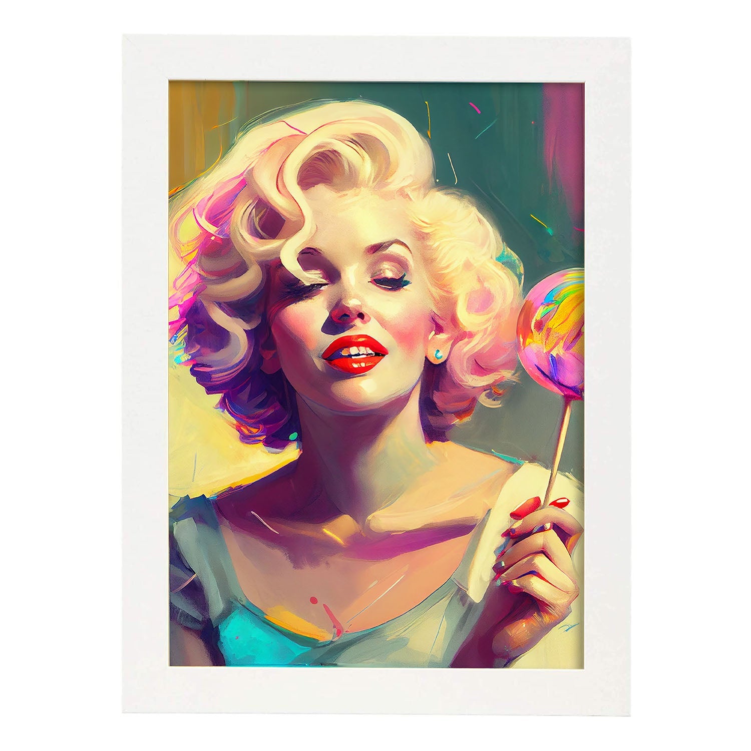 Nacnic Marilyn Monroe le gusta una dinámica de estilo Pixar Lollipop. Estampados de arte de pared estético para el diseño de dormitorio o sala de estar.-Artwork-Nacnic-A4-Marco Blanco-Nacnic Estudio SL