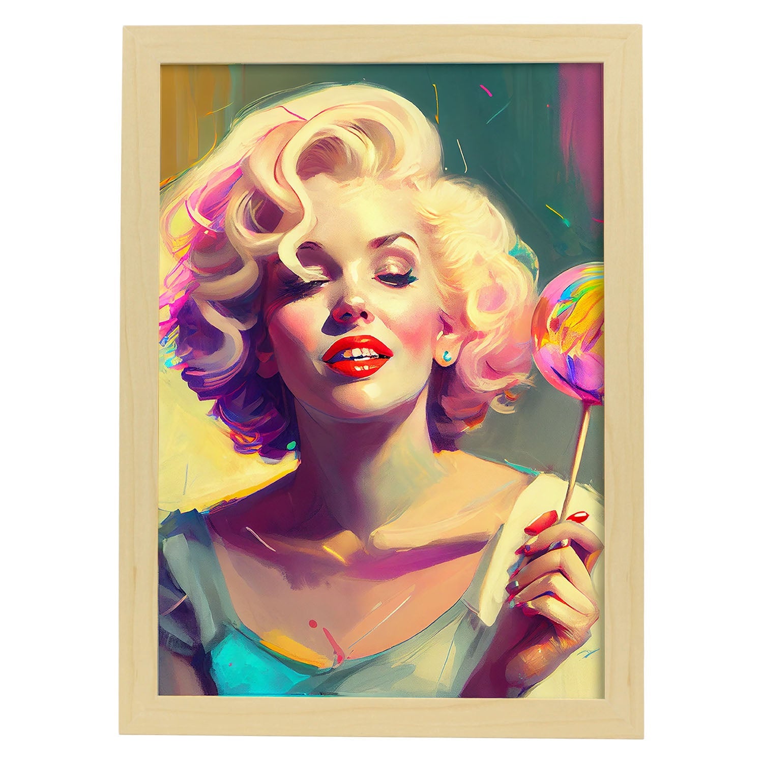 Nacnic Marilyn Monroe le gusta una dinámica de estilo Pixar Lollipop. Estampados de arte de pared estético para el diseño de dormitorio o sala de estar.-Artwork-Nacnic-A4-Marco Madera clara-Nacnic Estudio SL