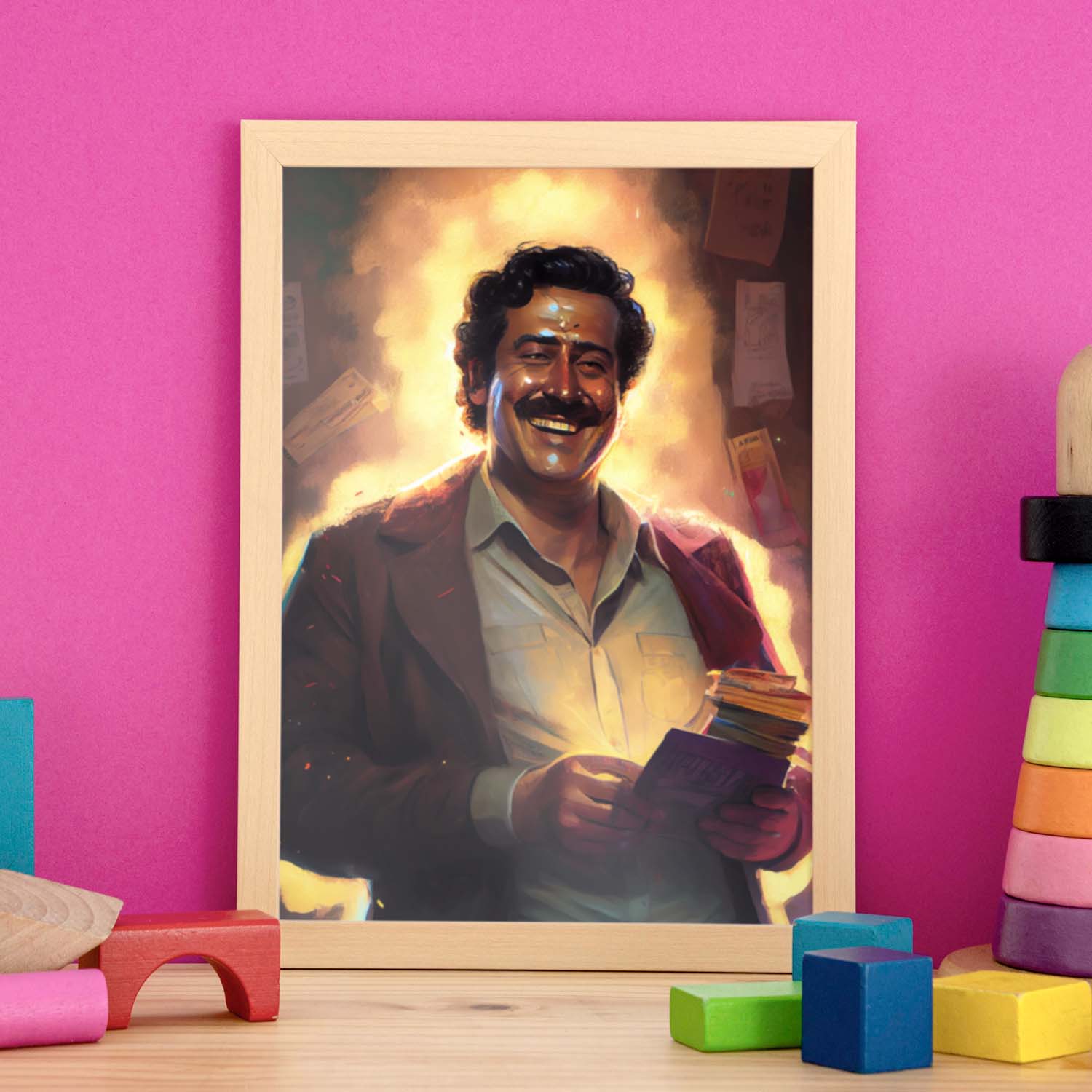 Nacnic Pablo Escobar sonriendo con mucho dinero Pixar s. Estampados de arte de pared estético para el diseño de dormitorio o sala de estar.-Artwork-Nacnic-Nacnic Estudio SL