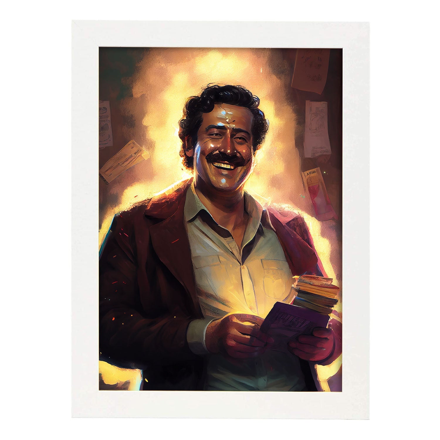 Nacnic Pablo Escobar sonriendo con mucho dinero Pixar s. Estampados de arte de pared estético para el diseño de dormitorio o sala de estar.-Artwork-Nacnic-A4-Marco Blanco-Nacnic Estudio SL