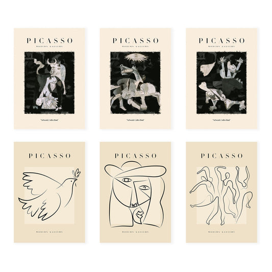 Nacnic Set de 6 Cuadros Decorativos de Picasso. Modelo Blanco y negro. Colección de Ilustraciones Artísticas estilo Galería de Arte. Diseño Moderno para la Decoración de Interiores.