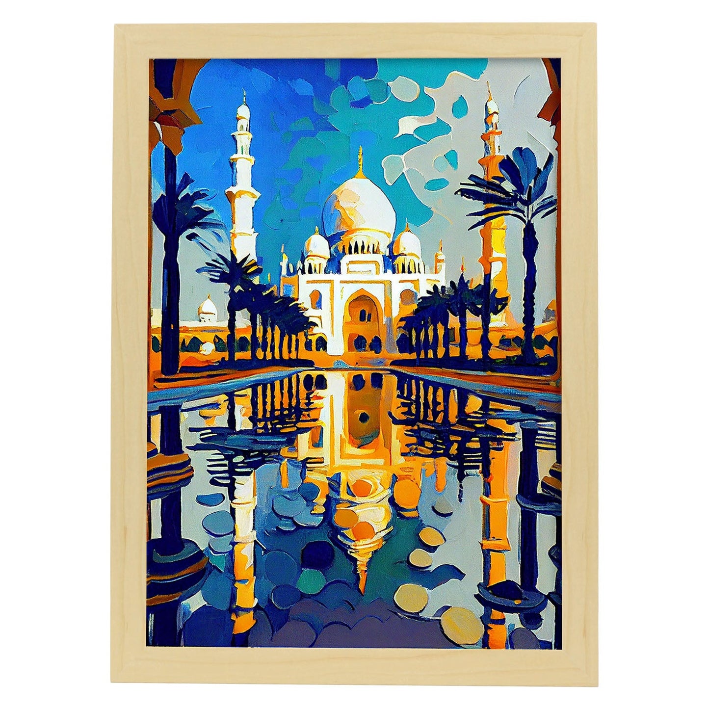 Nacnic Sheikh Zayed Gran Mezquita Abu Dhabi Pintura al óleo. Estampados de arte de pared estético para el diseño de dormitorio o sala de estar.-Artwork-Nacnic-A4-Marco Madera clara-Nacnic Estudio SL