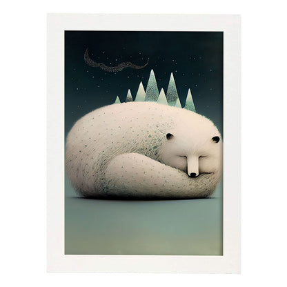 Nacnic Sleeping Fluffy Arctic Fox Precisionism. Estampados de arte de pared estético para el diseño de dormitorio o sala de estar.-Artwork-Nacnic-A4-Marco Blanco-Nacnic Estudio SL