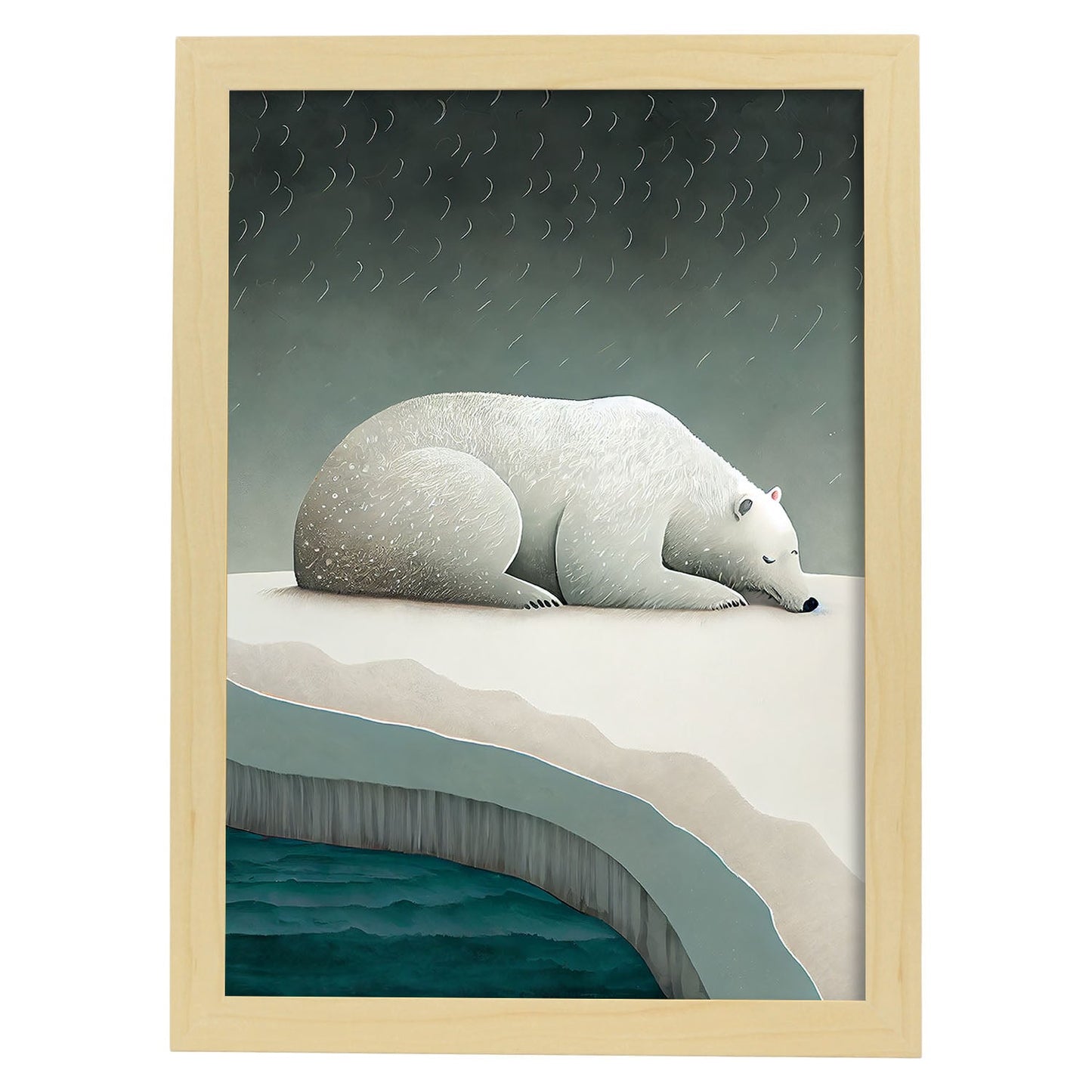 Nacnic Sleeping Fluffy Polar Bear Precisionism. Estampados de arte de pared estético para el diseño de dormitorio o sala de estar.-Artwork-Nacnic-A4-Marco Madera clara-Nacnic Estudio SL