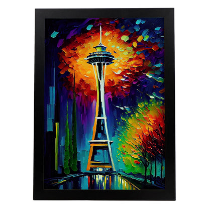 Nacnic Space Needle Seattle Washington USA Pintura al óleo Bru. Estampados de arte de pared estético para el diseño de dormitorio o sala de estar.-Artwork-Nacnic-A4-Sin marco-Nacnic Estudio SL