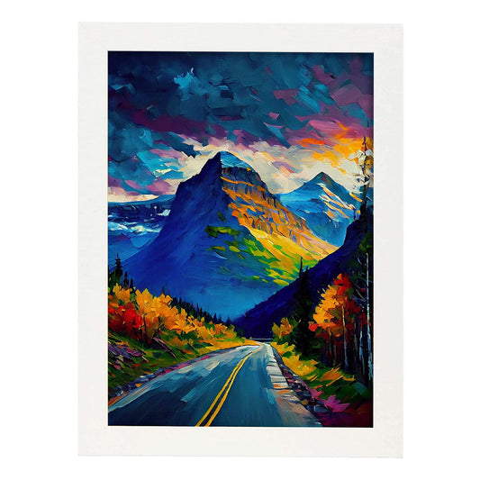 Nacnic Sun Road Montana USA Pintura al óleo 3. estampados de arte de pared estético para el diseño de dormitorio o sala de estar.-Artwork-Nacnic-A4-Marco Blanco-Nacnic Estudio SL