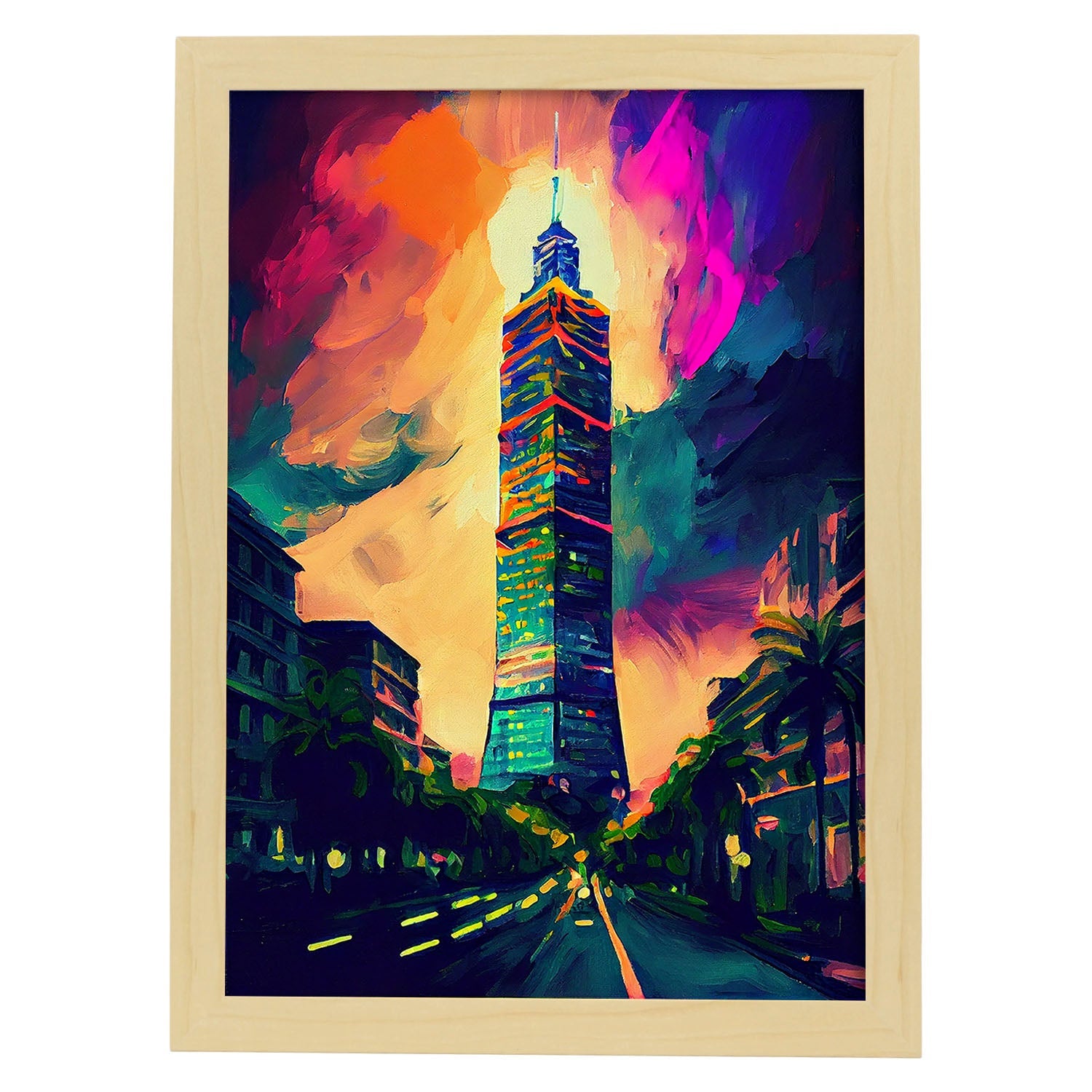 Nacnic Taipei 101 Taipei Taiwán pincel de pintura al óleo. Estampados de arte de pared estético para el diseño de dormitorio o sala de estar.-Artwork-Nacnic-A4-Marco Madera clara-Nacnic Estudio SL