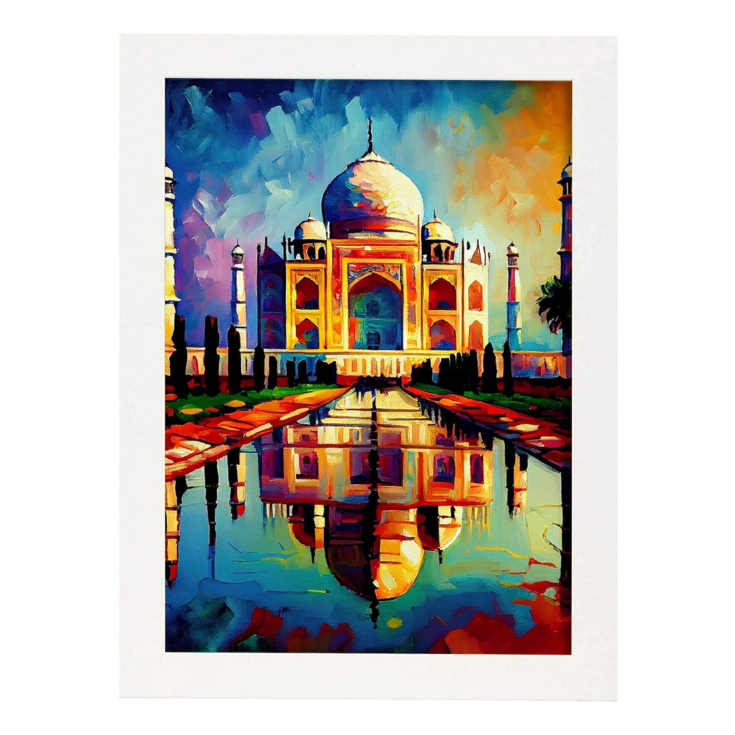 Nacnic Taj Mahal Agra India Pintura al óleo Pincel Strokes Colo. Estampados de arte de pared estético para el diseño de dormitorio o sala de estar.-Artwork-Nacnic-A4-Marco Blanco-Nacnic Estudio SL