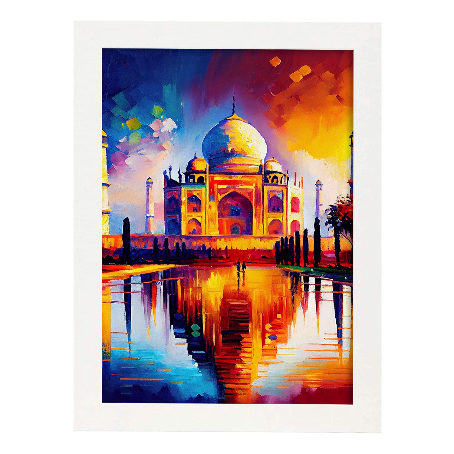 Nacnic the Taj Mahal Agra India Pintura al óleo de pinceladas. Estampados de arte de pared estético para el diseño de dormitorio o sala de estar.-Artwork-Nacnic-A4-Marco Blanco-Nacnic Estudio SL