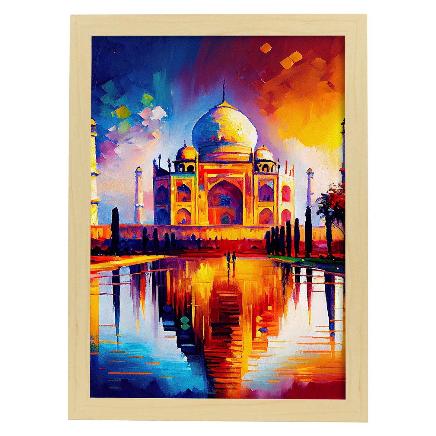 Nacnic the Taj Mahal Agra India Pintura al óleo de pinceladas. Estampados de arte de pared estético para el diseño de dormitorio o sala de estar.-Artwork-Nacnic-A4-Marco Madera clara-Nacnic Estudio SL