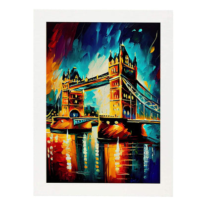 Nacnic Tower Bridge London Inglaterra Inglaterra pincel de pintura al óleo Strok. Estampados de arte de pared estético para el diseño de dormitorio o sala de estar.-Artwork-Nacnic-A4-Marco Blanco-Nacnic Estudio SL