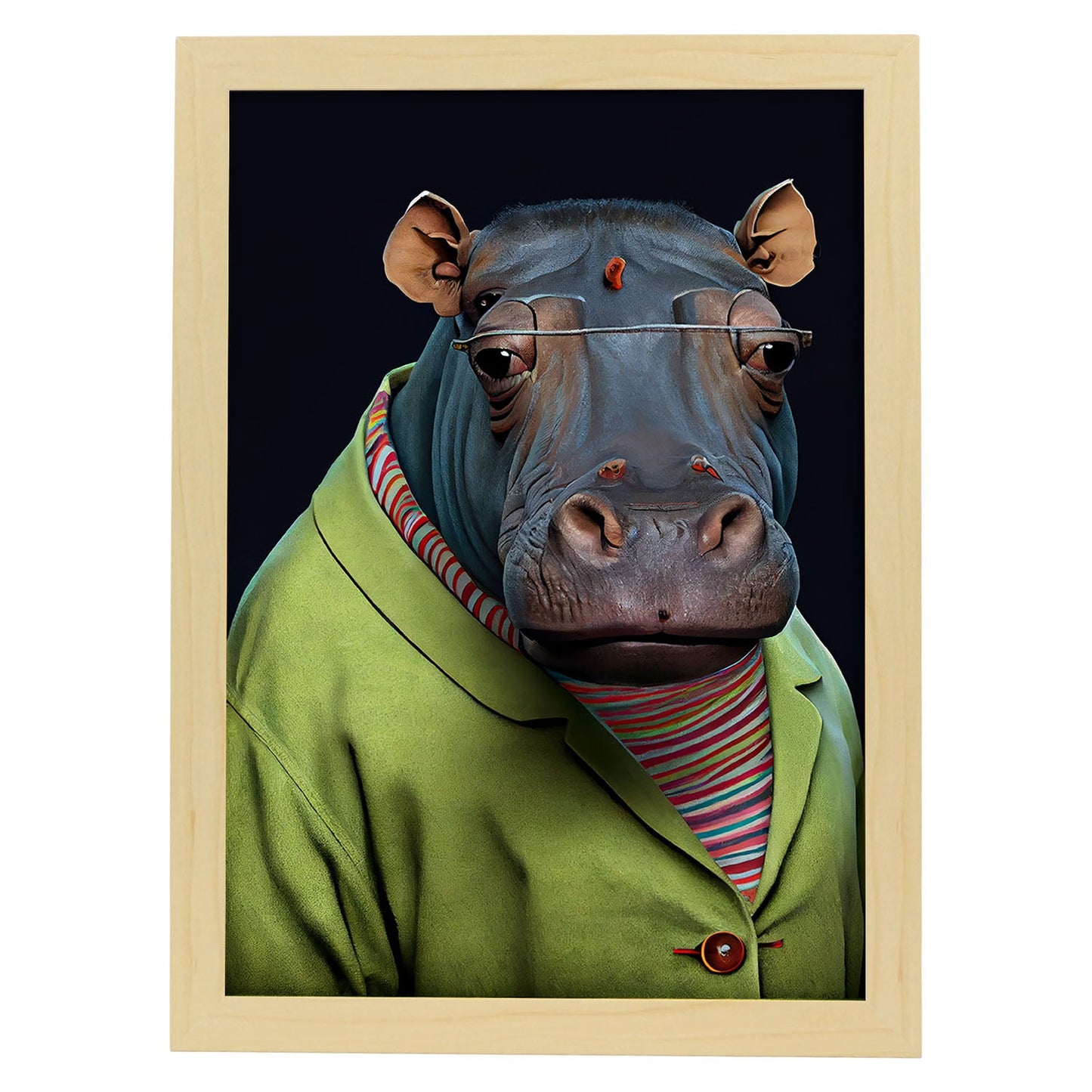 Nacnic Un hipopótamo vestido con ropa humana Tiny s. Estampados de arte de pared estético para el diseño de dormitorio o sala de estar.-Artwork-Nacnic-A4-Marco Madera clara-Nacnic Estudio SL