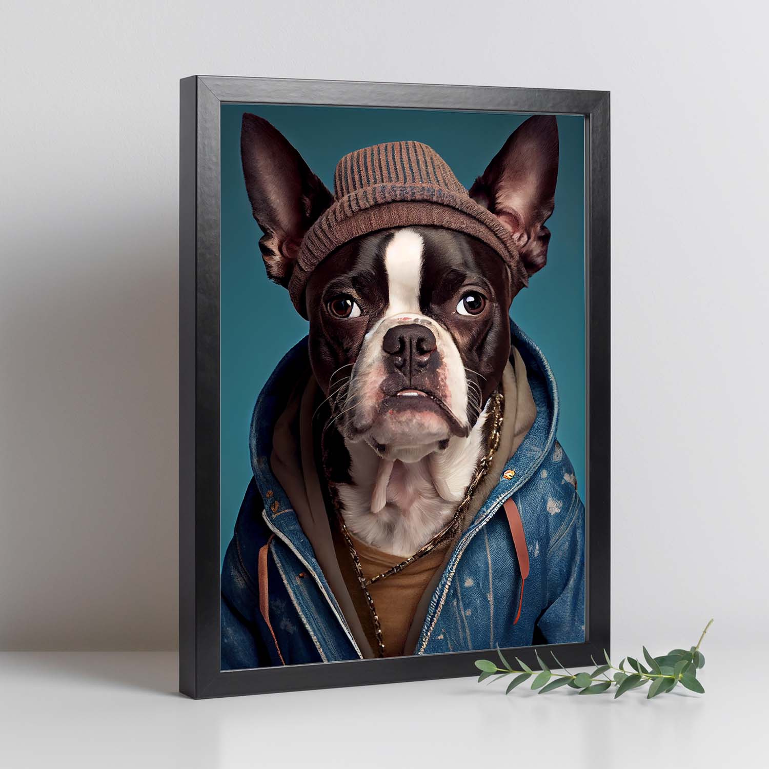 Nacnic Un perro tipo Boston Terrier vestido con coágulo humano. Estampados de arte de pared estético para el diseño de dormitorio o sala de estar.-Artwork-Nacnic-Nacnic Estudio SL