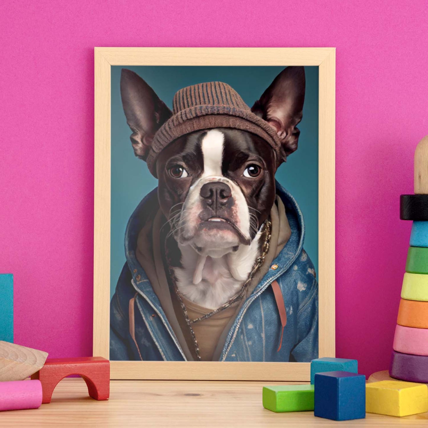 Nacnic Un perro tipo Boston Terrier vestido con coágulo humano. Estampados de arte de pared estético para el diseño de dormitorio o sala de estar.-Artwork-Nacnic-Nacnic Estudio SL