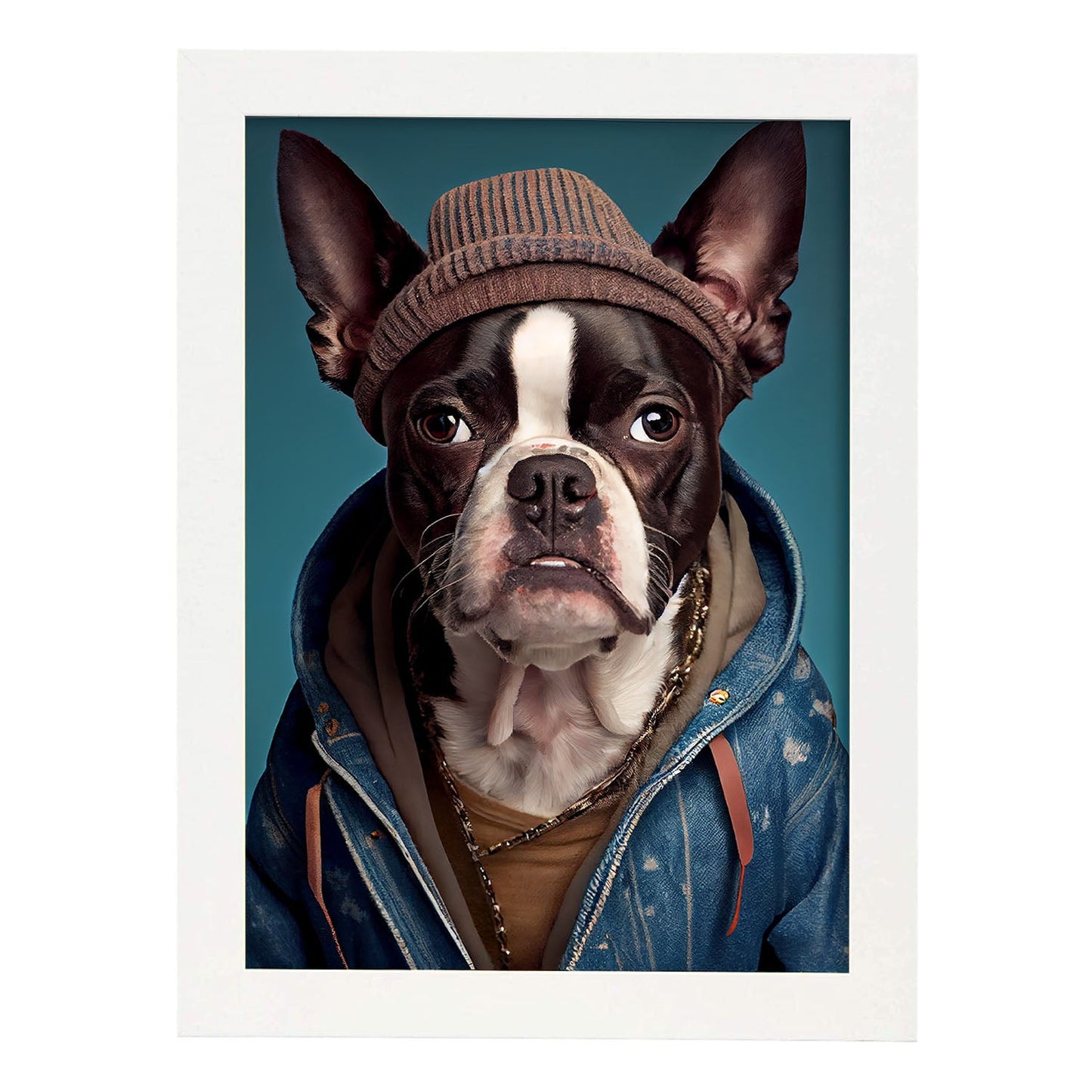 Nacnic Un perro tipo Boston Terrier vestido con coágulo humano. Estampados de arte de pared estético para el diseño de dormitorio o sala de estar.-Artwork-Nacnic-A4-Marco Blanco-Nacnic Estudio SL