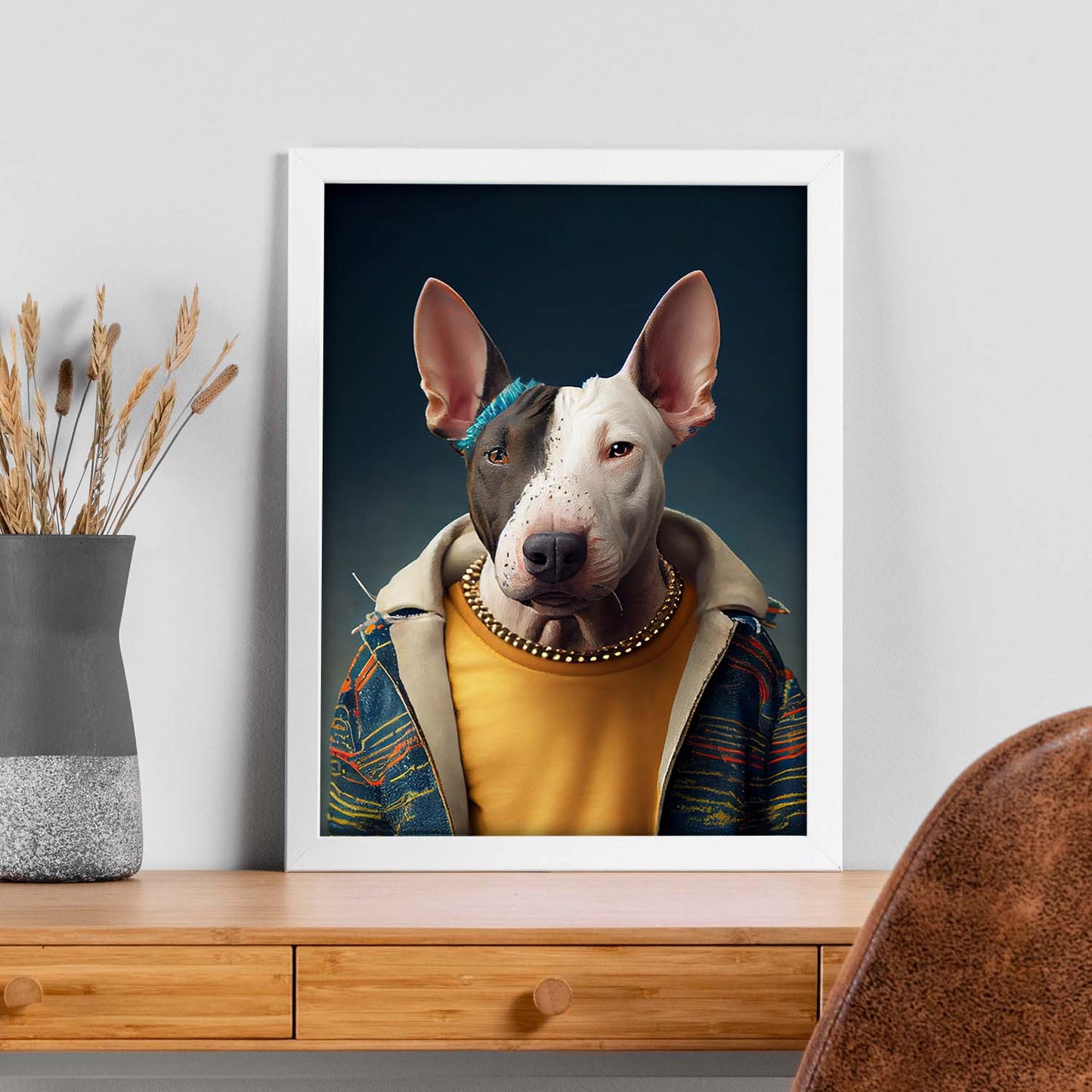 Nacnic, un perro tipo Bull Terrier tipo perro vestido con Hu. Estampados de arte de pared estético para el diseño de dormitorio o sala de estar.-Artwork-Nacnic-Nacnic Estudio SL