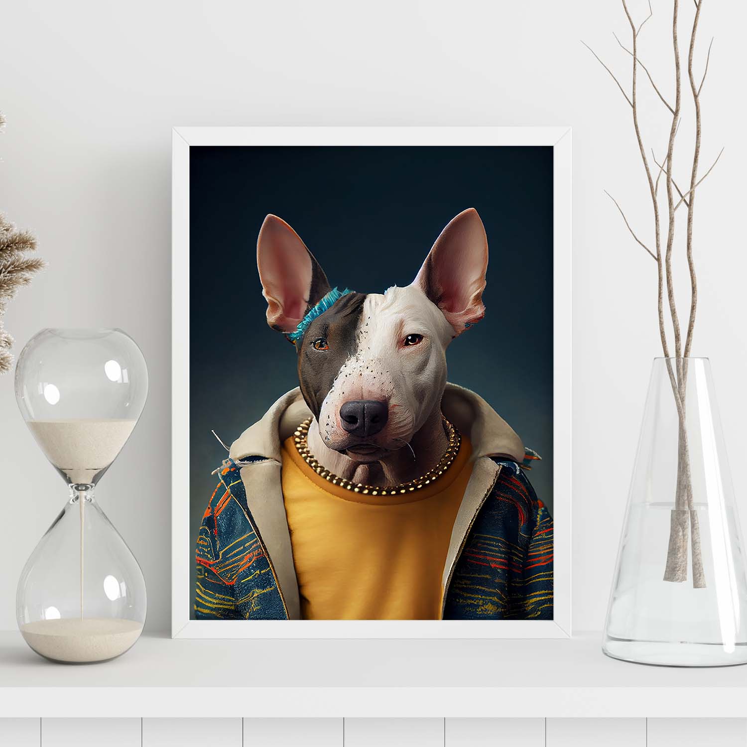 Nacnic, un perro tipo Bull Terrier tipo perro vestido con Hu. Estampados de arte de pared estético para el diseño de dormitorio o sala de estar.-Artwork-Nacnic-Nacnic Estudio SL
