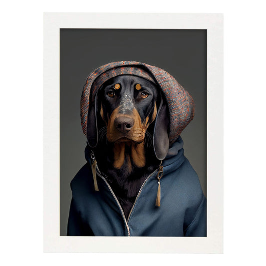 Nacnic, un perro tipo perro, un coonhound negro y bronceado vestido. Estampados de arte de pared estético para el diseño de dormitorio o sala de estar.-Artwork-Nacnic-A4-Marco Blanco-Nacnic Estudio SL