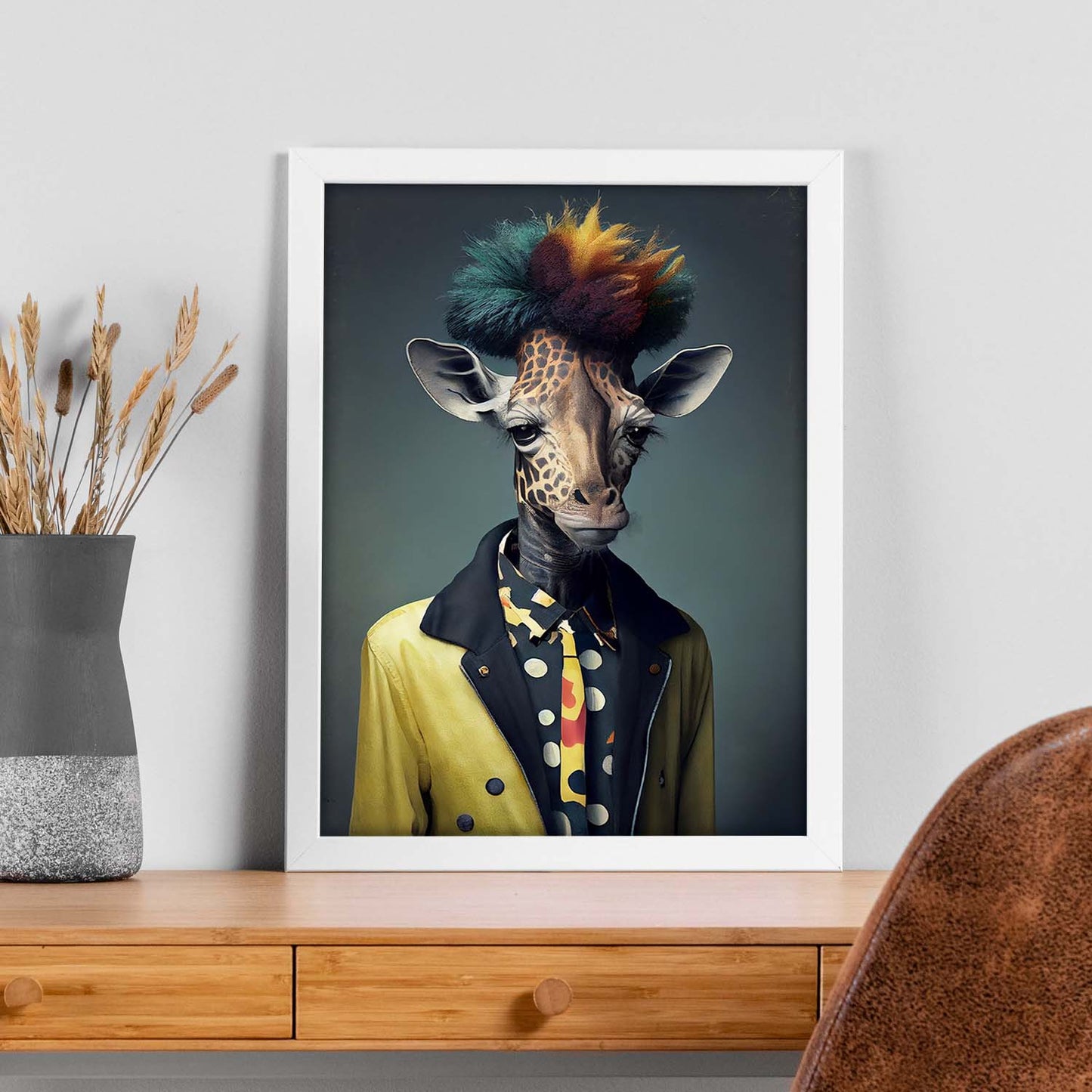 Nacnic Una jirafa vestida con accesorios de ropa humana. Estampados de arte de pared estético para el diseño de dormitorio o sala de estar.-Artwork-Nacnic-Nacnic Estudio SL