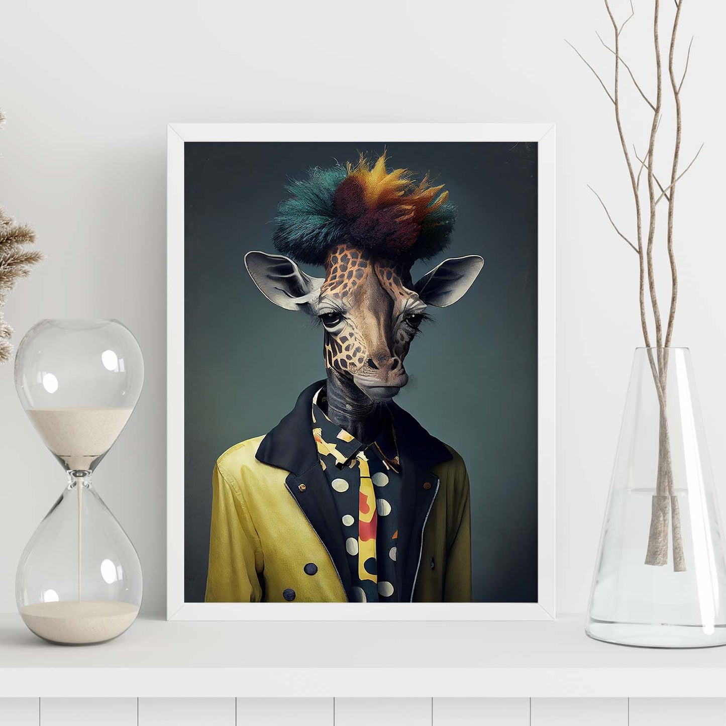 Nacnic Una jirafa vestida con accesorios de ropa humana. Estampados de arte de pared estético para el diseño de dormitorio o sala de estar.-Artwork-Nacnic-Nacnic Estudio SL