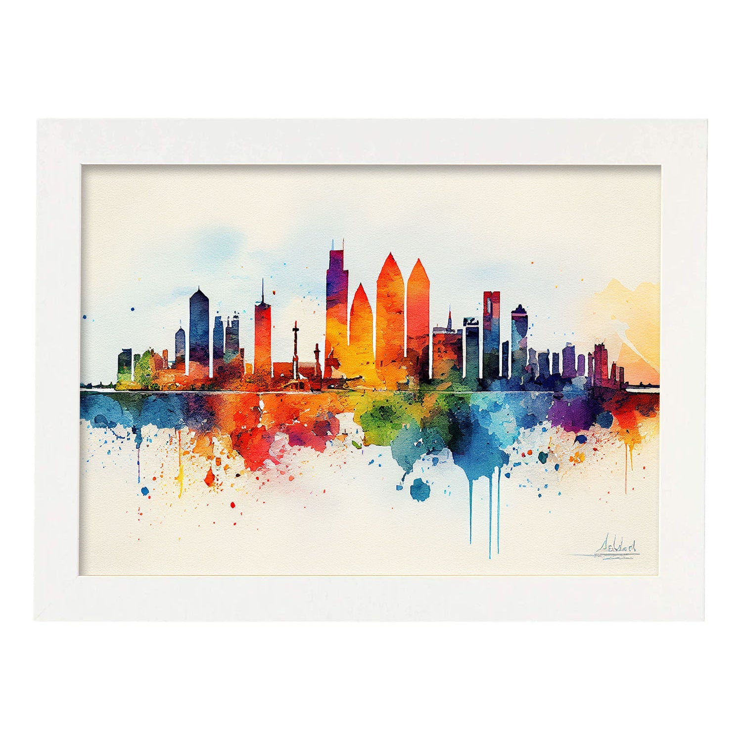 Nacnic watercolor of a skyline of the city of Abu Dhabi. Aesthetic Wall Art Prints for Bedroom or Living Room Design.-Artwork-Nacnic-A4-Marco Blanco-Nacnic Estudio SL