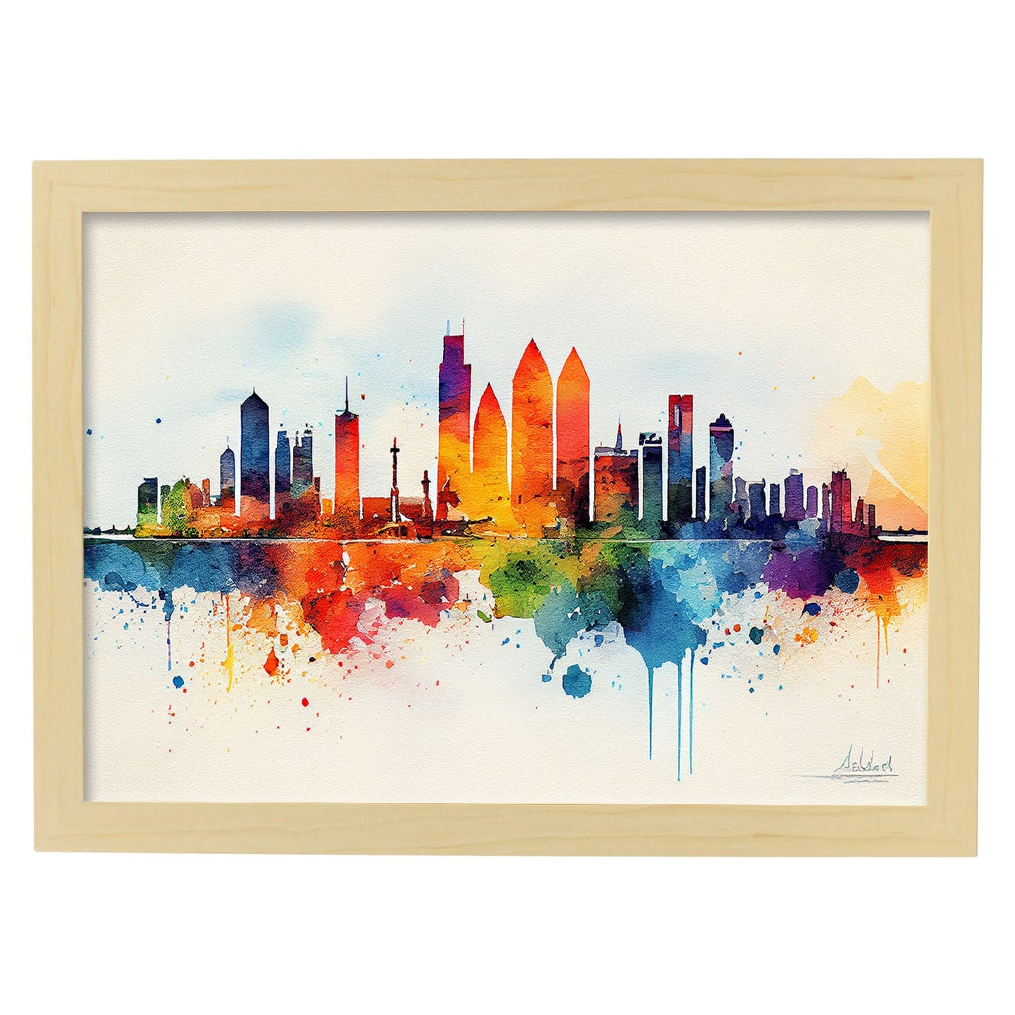 Nacnic watercolor of a skyline of the city of Abu Dhabi. Aesthetic Wall Art Prints for Bedroom or Living Room Design.-Artwork-Nacnic-A4-Marco Madera Clara-Nacnic Estudio SL