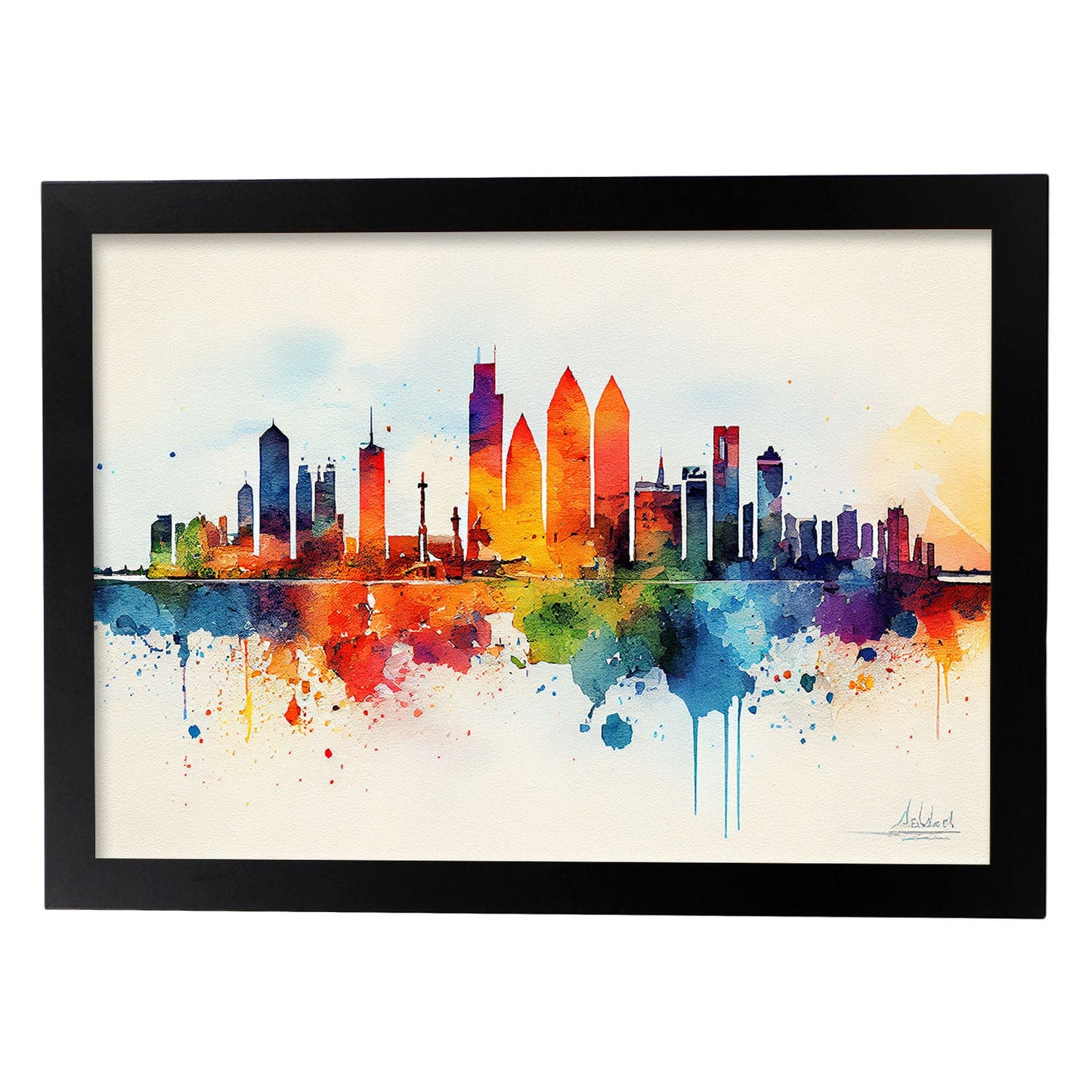 Nacnic watercolor of a skyline of the city of Abu Dhabi. Aesthetic Wall Art Prints for Bedroom or Living Room Design.