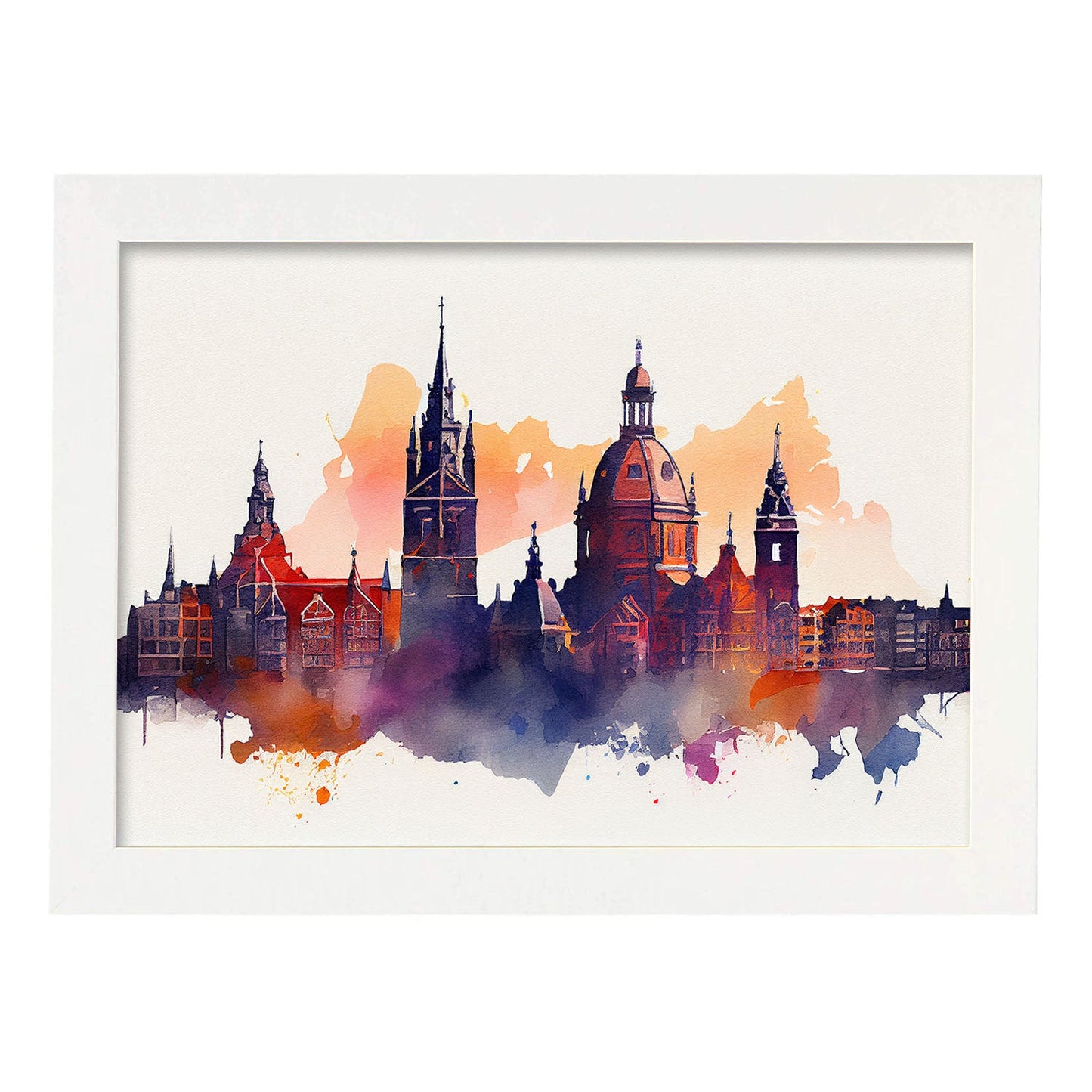 Nacnic watercolor of a skyline of the city of Amsterdam_2. Aesthetic Wall Art Prints for Bedroom or Living Room Design.-Artwork-Nacnic-A4-Marco Blanco-Nacnic Estudio SL