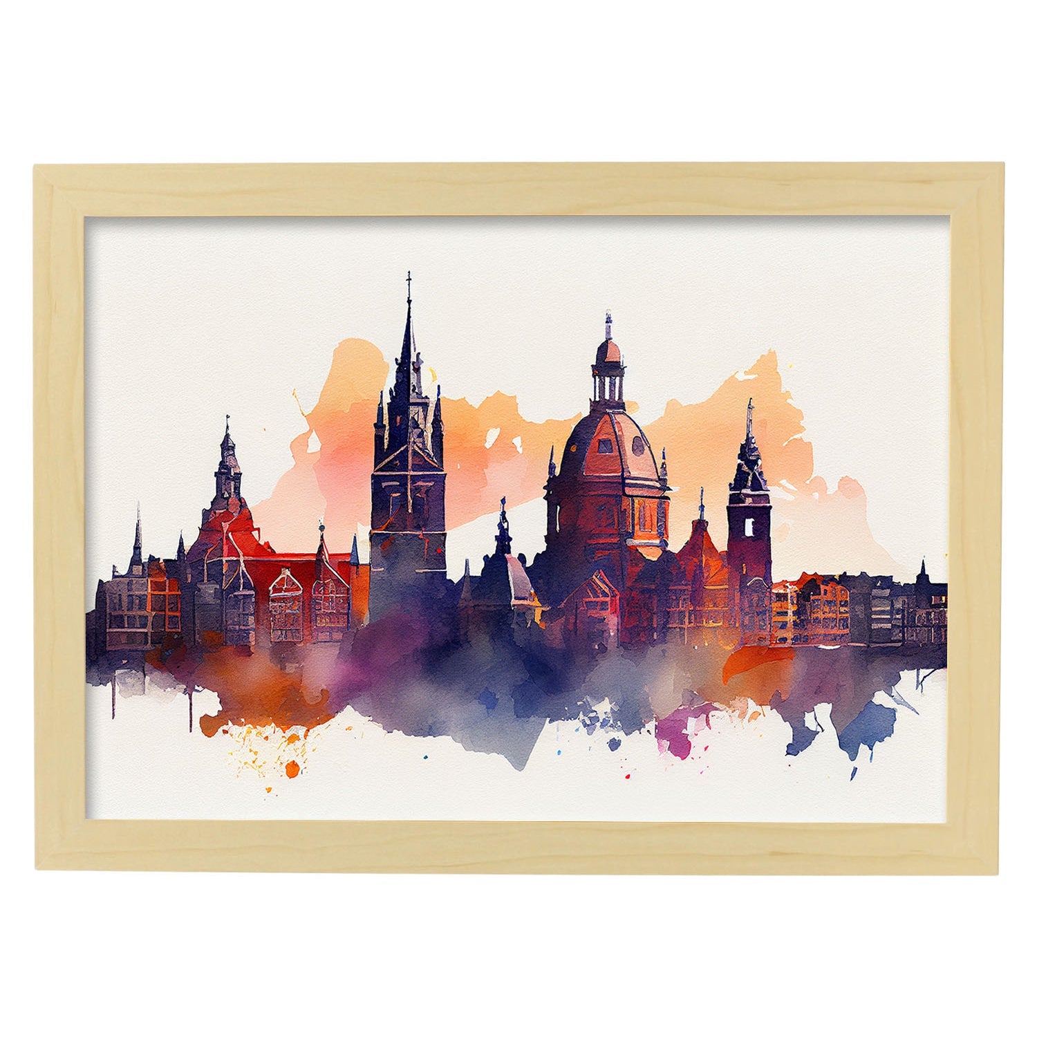 Nacnic watercolor of a skyline of the city of Amsterdam_2. Aesthetic Wall Art Prints for Bedroom or Living Room Design.-Artwork-Nacnic-A4-Marco Madera Clara-Nacnic Estudio SL