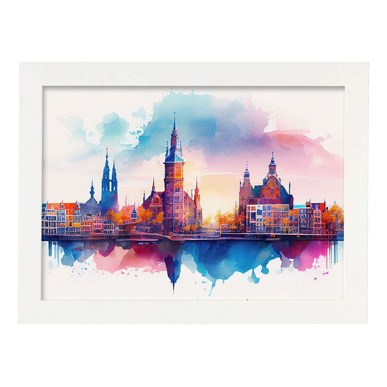 Nacnic watercolor of a skyline of the city of Amsterdam_3. Aesthetic Wall Art Prints for Bedroom or Living Room Design.-Artwork-Nacnic-A4-Marco Blanco-Nacnic Estudio SL