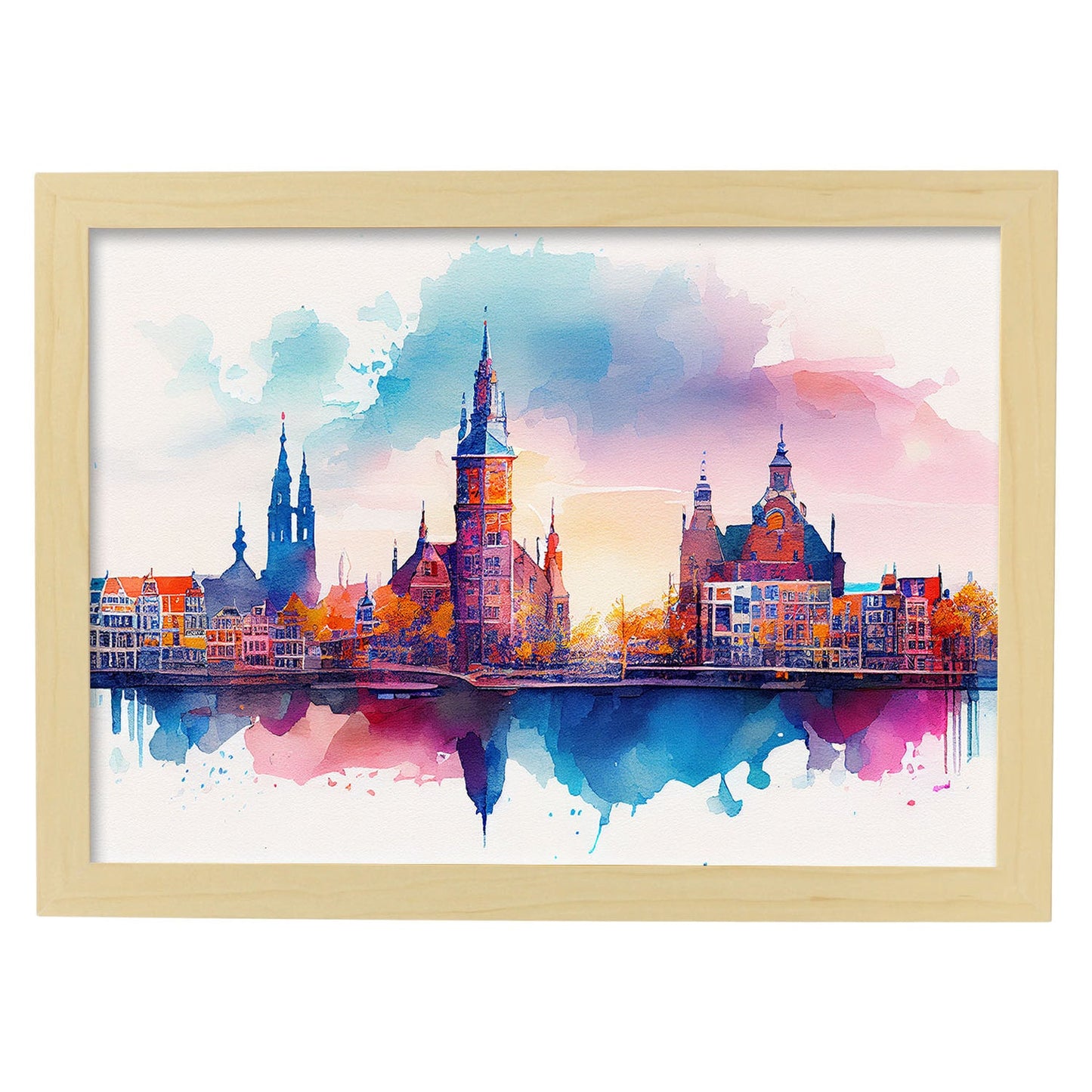Nacnic watercolor of a skyline of the city of Amsterdam_3. Aesthetic Wall Art Prints for Bedroom or Living Room Design.-Artwork-Nacnic-A4-Marco Madera Clara-Nacnic Estudio SL