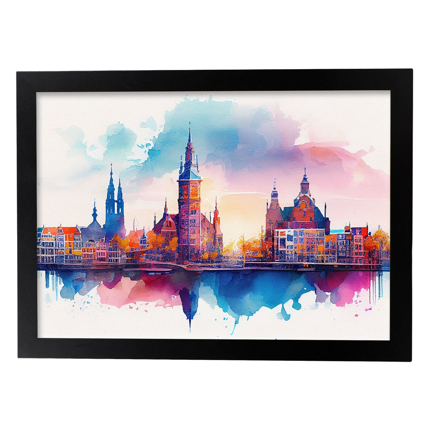 Nacnic watercolor of a skyline of the city of Amsterdam_3. Aesthetic Wall Art Prints for Bedroom or Living Room Design.