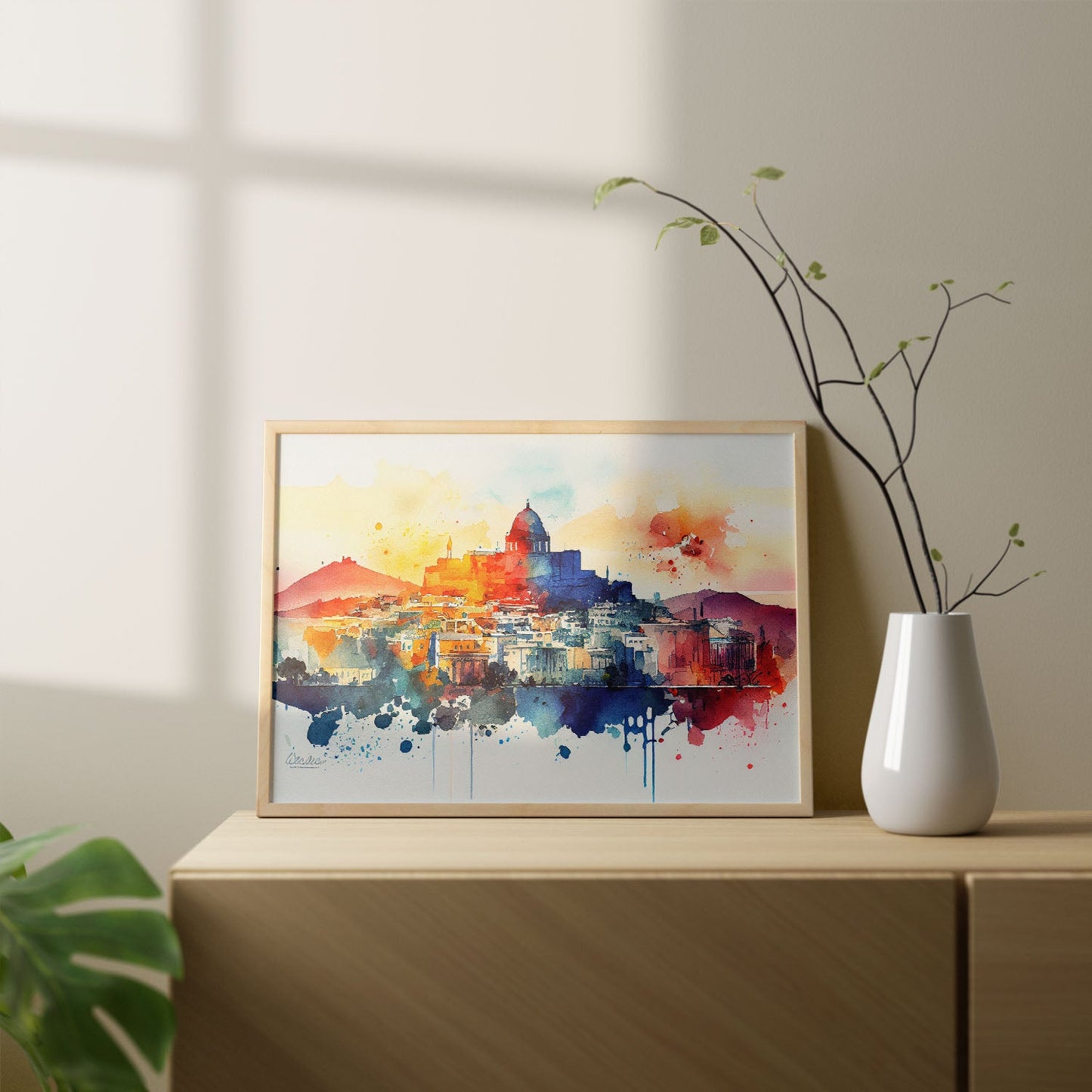 Nacnic watercolor of a skyline of the city of Athens. Aesthetic Wall Art Prints for Bedroom or Living Room Design.