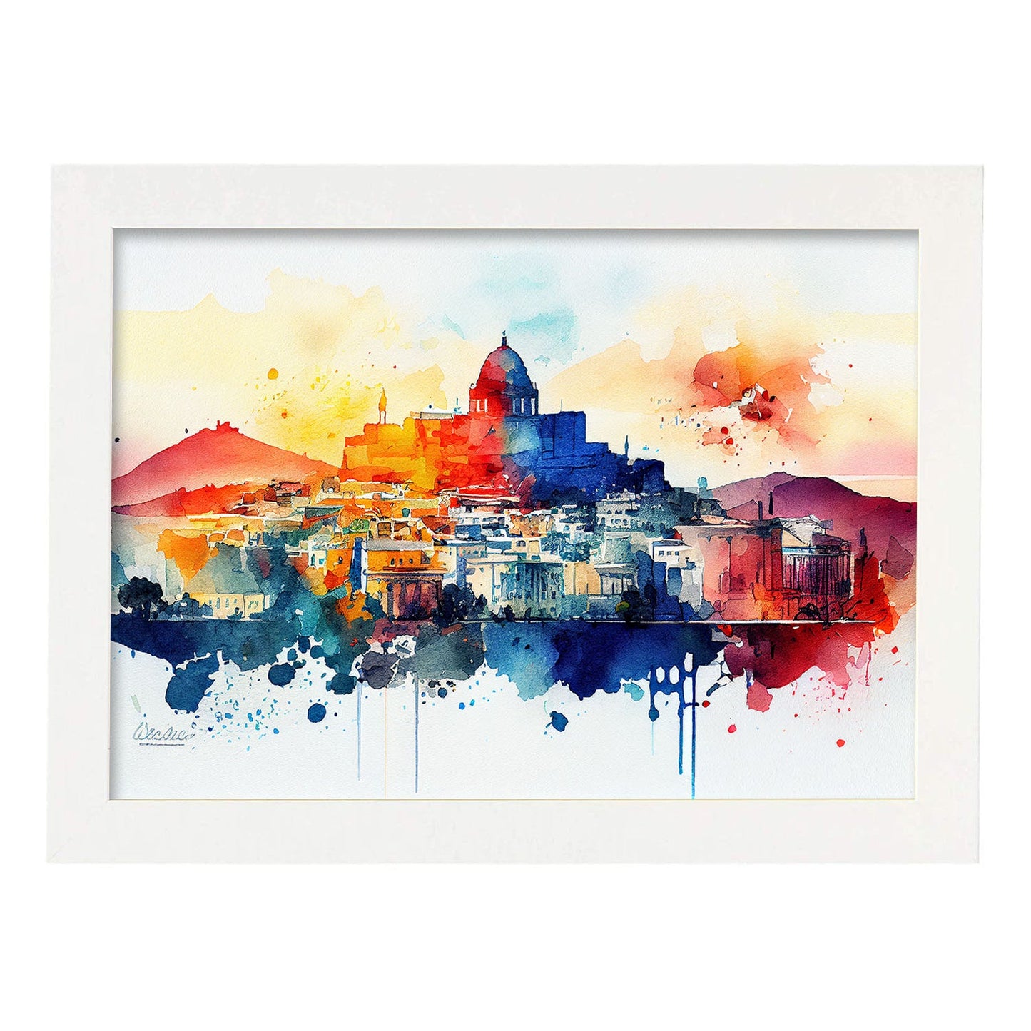 Nacnic watercolor of a skyline of the city of Athens. Aesthetic Wall Art Prints for Bedroom or Living Room Design.-Artwork-Nacnic-A4-Marco Blanco-Nacnic Estudio SL