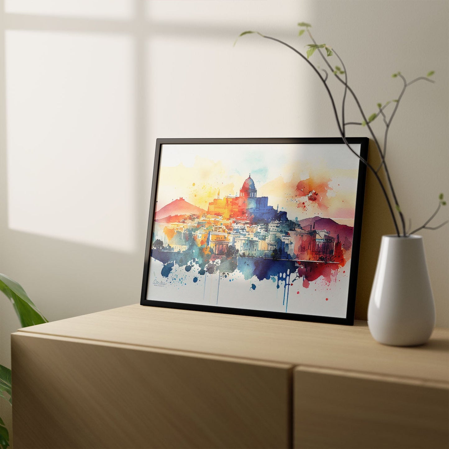 Nacnic watercolor of a skyline of the city of Athens. Aesthetic Wall Art Prints for Bedroom or Living Room Design.-Artwork-Nacnic-A4-Sin Marco-Nacnic Estudio SL