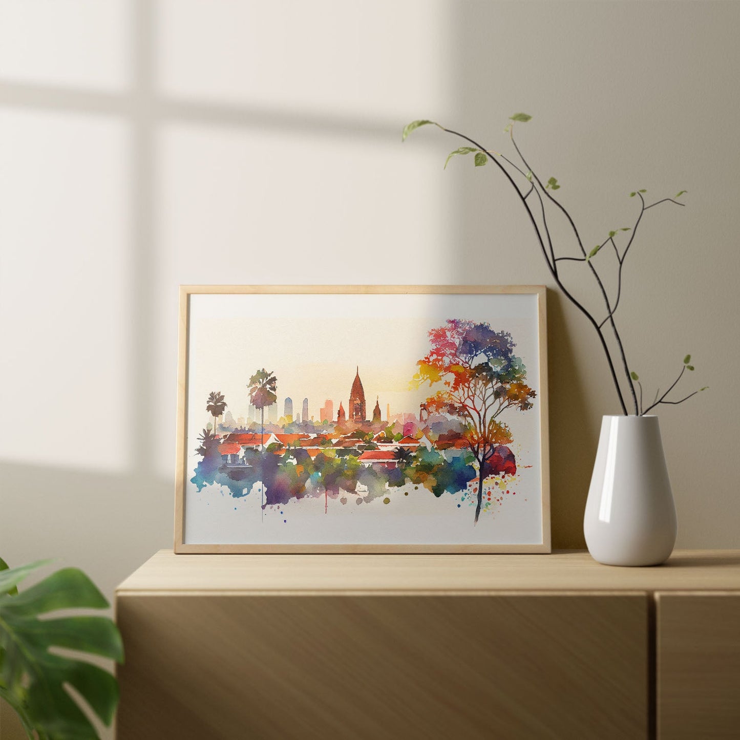 Nacnic watercolor of a skyline of the city of Bali_1. Aesthetic Wall Art Prints for Bedroom or Living Room Design.