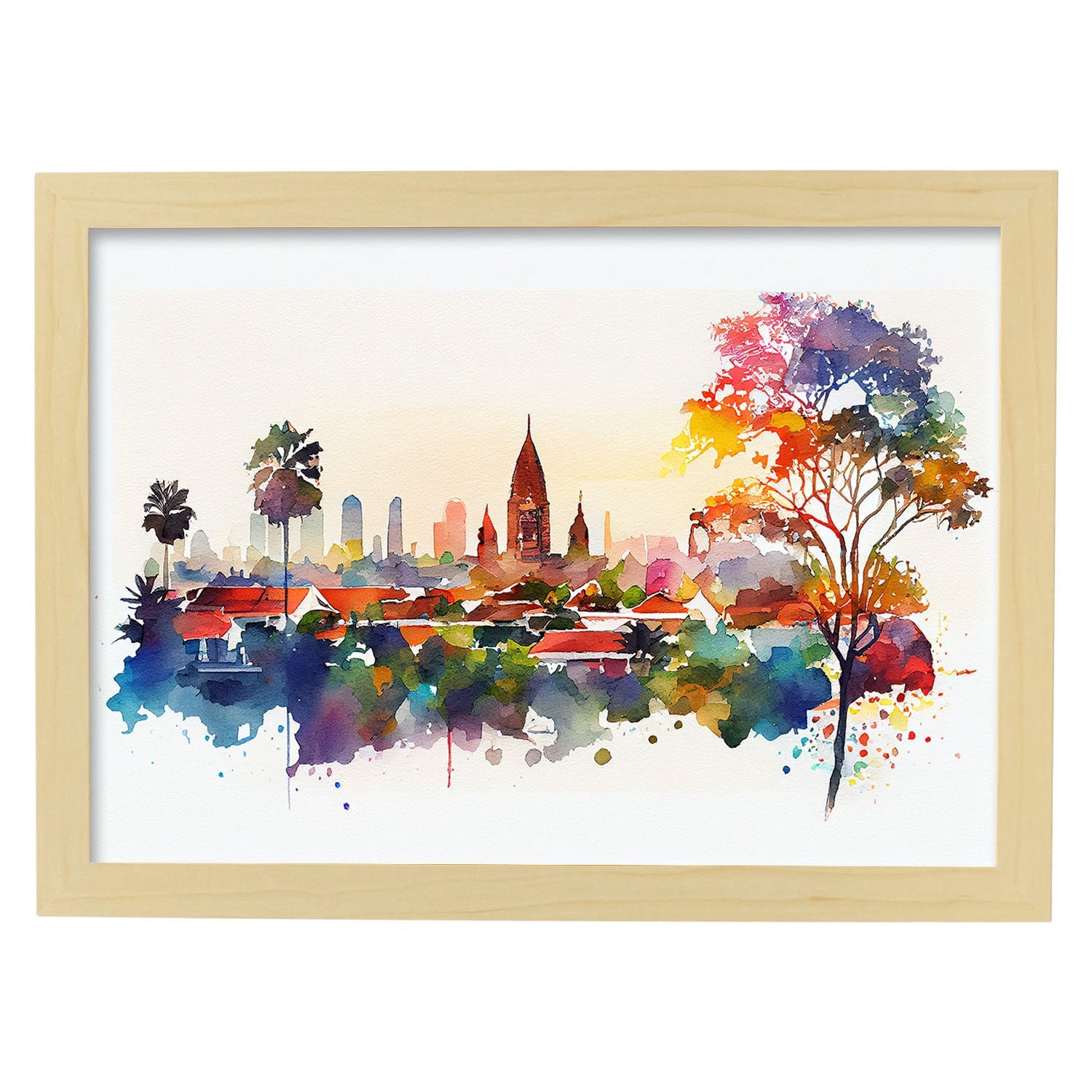 Nacnic watercolor of a skyline of the city of Bali_1. Aesthetic Wall Art Prints for Bedroom or Living Room Design.-Artwork-Nacnic-A4-Marco Madera Clara-Nacnic Estudio SL