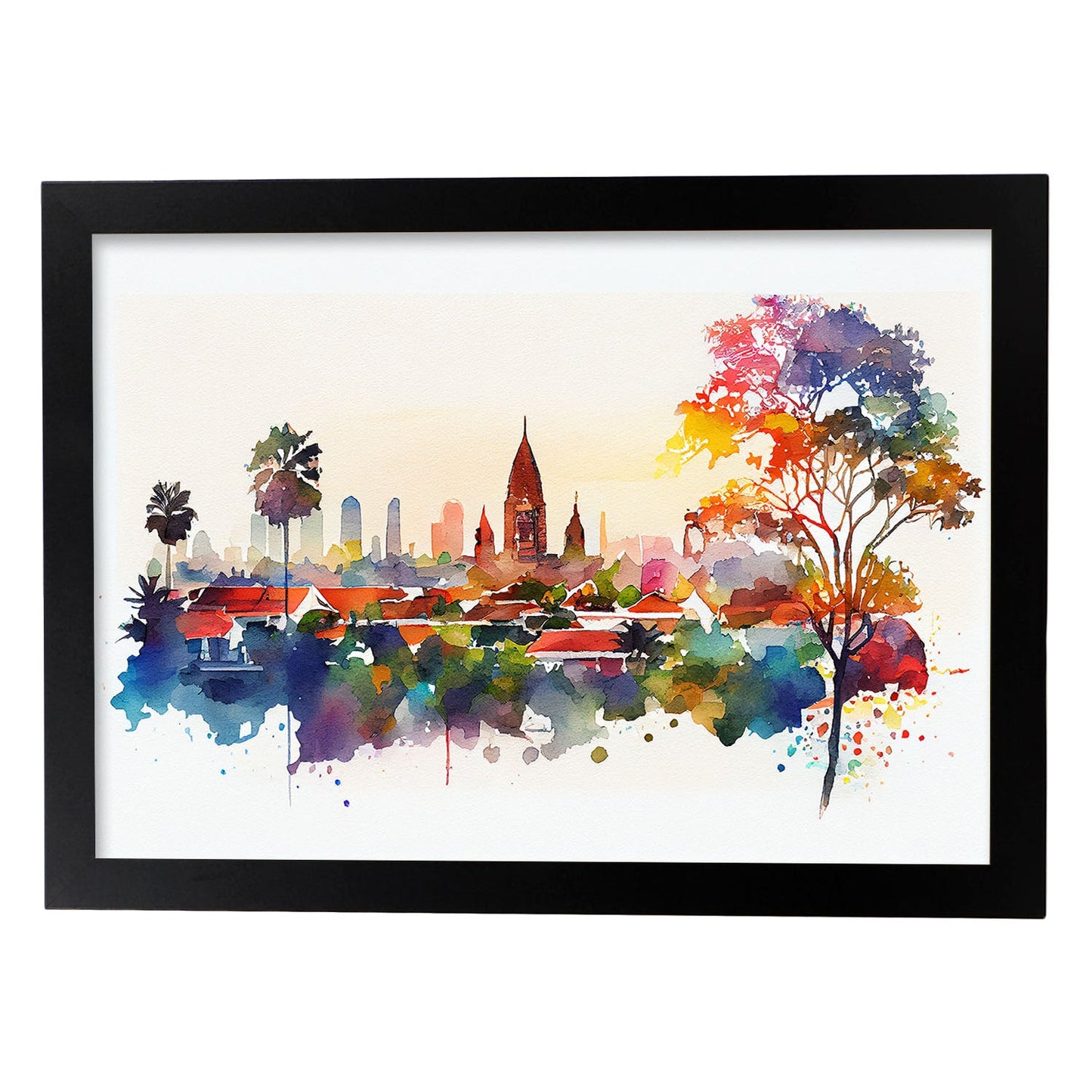 Nacnic watercolor of a skyline of the city of Bali_1. Aesthetic Wall Art Prints for Bedroom or Living Room Design.