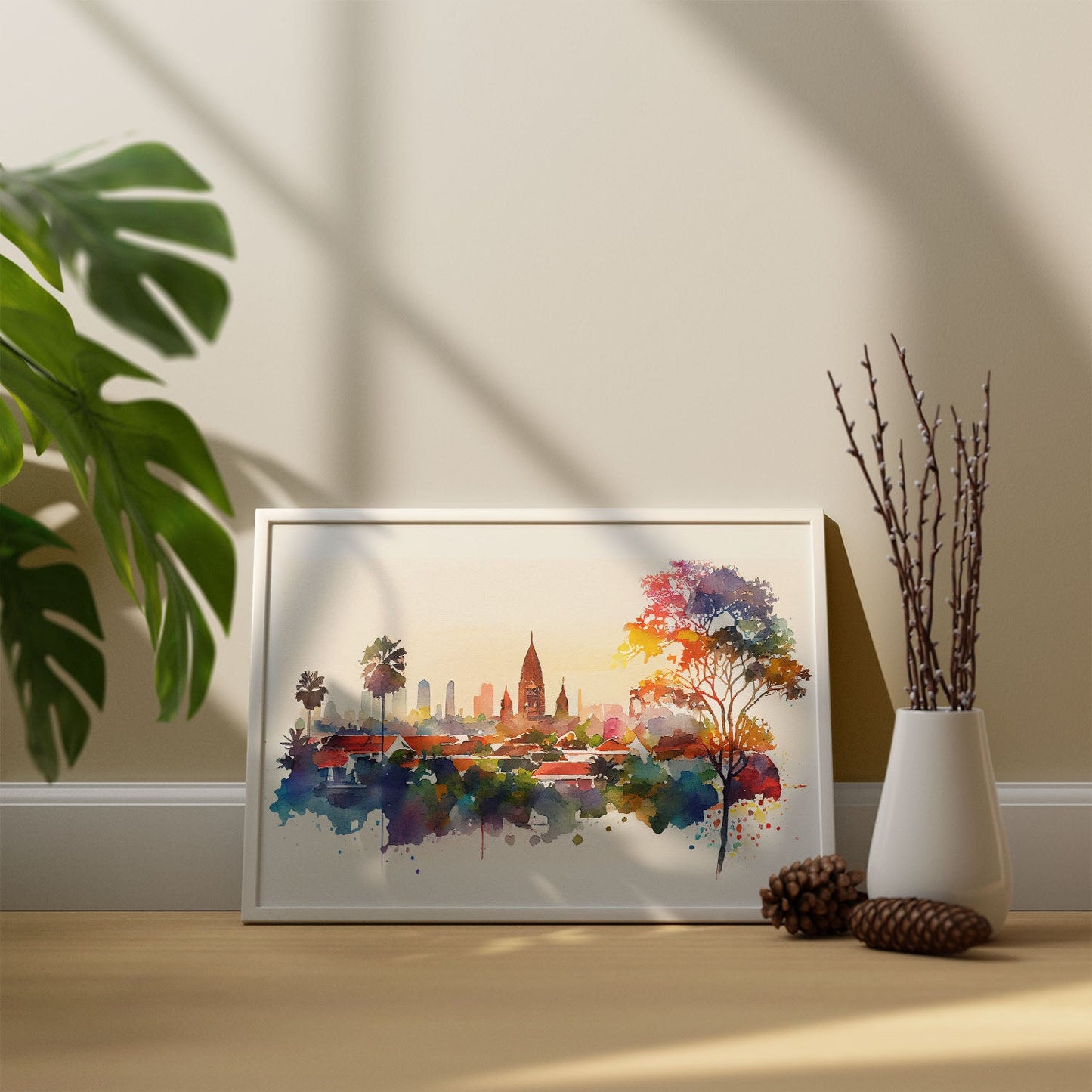 Nacnic watercolor of a skyline of the city of Bali_1. Aesthetic Wall Art Prints for Bedroom or Living Room Design.-Artwork-Nacnic-A4-Sin Marco-Nacnic Estudio SL