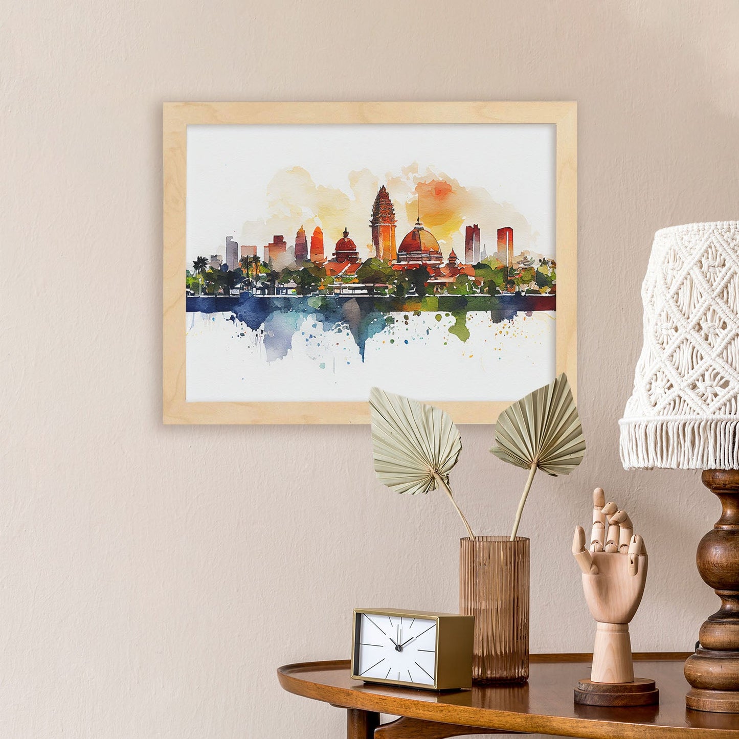 Nacnic watercolor of a skyline of the city of Bali_2. Aesthetic Wall Art Prints for Bedroom or Living Room Design.