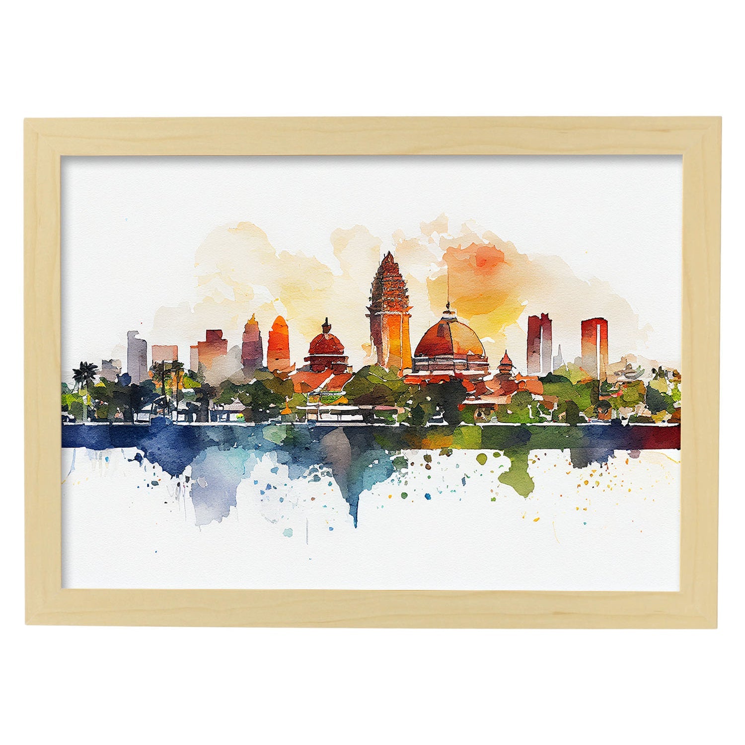 Nacnic watercolor of a skyline of the city of Bali_2. Aesthetic Wall Art Prints for Bedroom or Living Room Design.-Artwork-Nacnic-A4-Marco Madera Clara-Nacnic Estudio SL