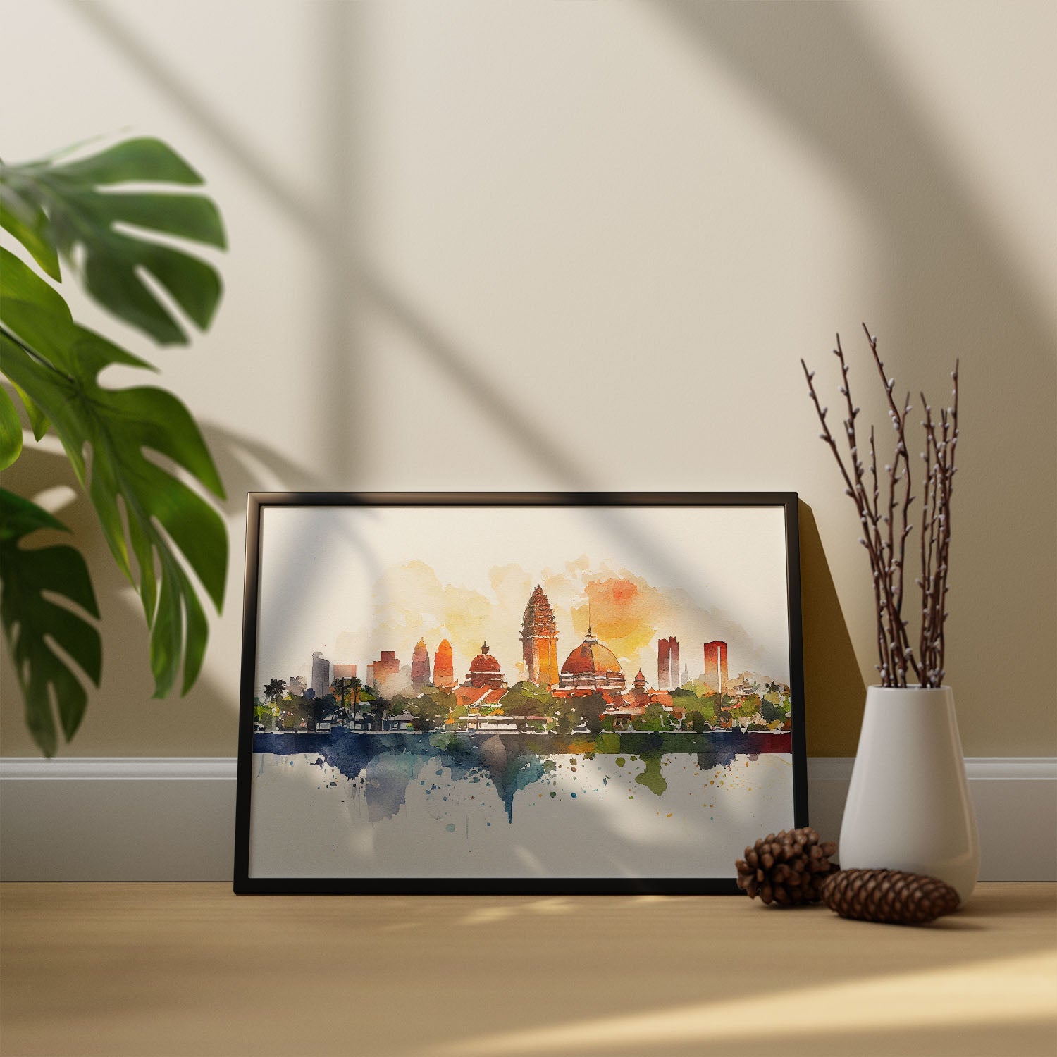 Nacnic watercolor of a skyline of the city of Bali_2. Aesthetic Wall Art Prints for Bedroom or Living Room Design.-Artwork-Nacnic-A4-Sin Marco-Nacnic Estudio SL