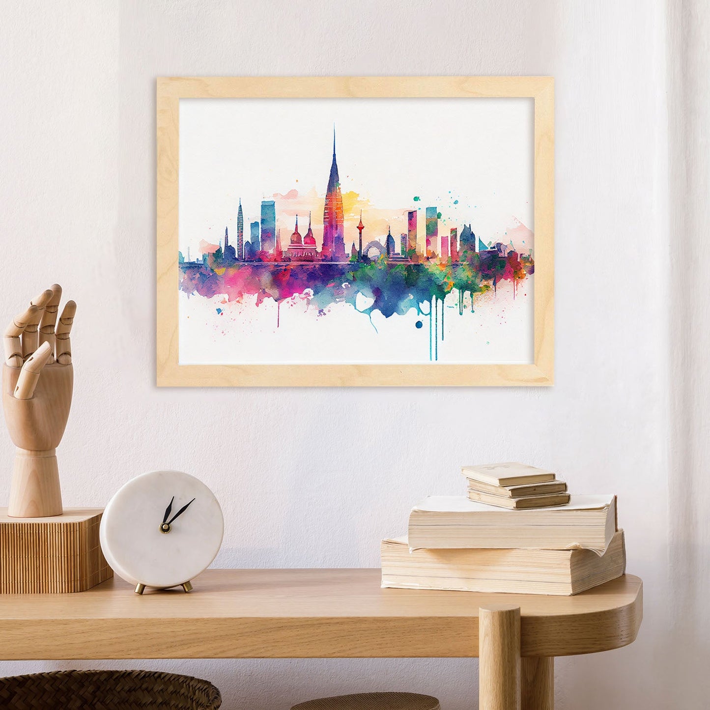 Nacnic watercolor of a skyline of the city of Bangkok. Aesthetic Wall Art Prints for Bedroom or Living Room Design.