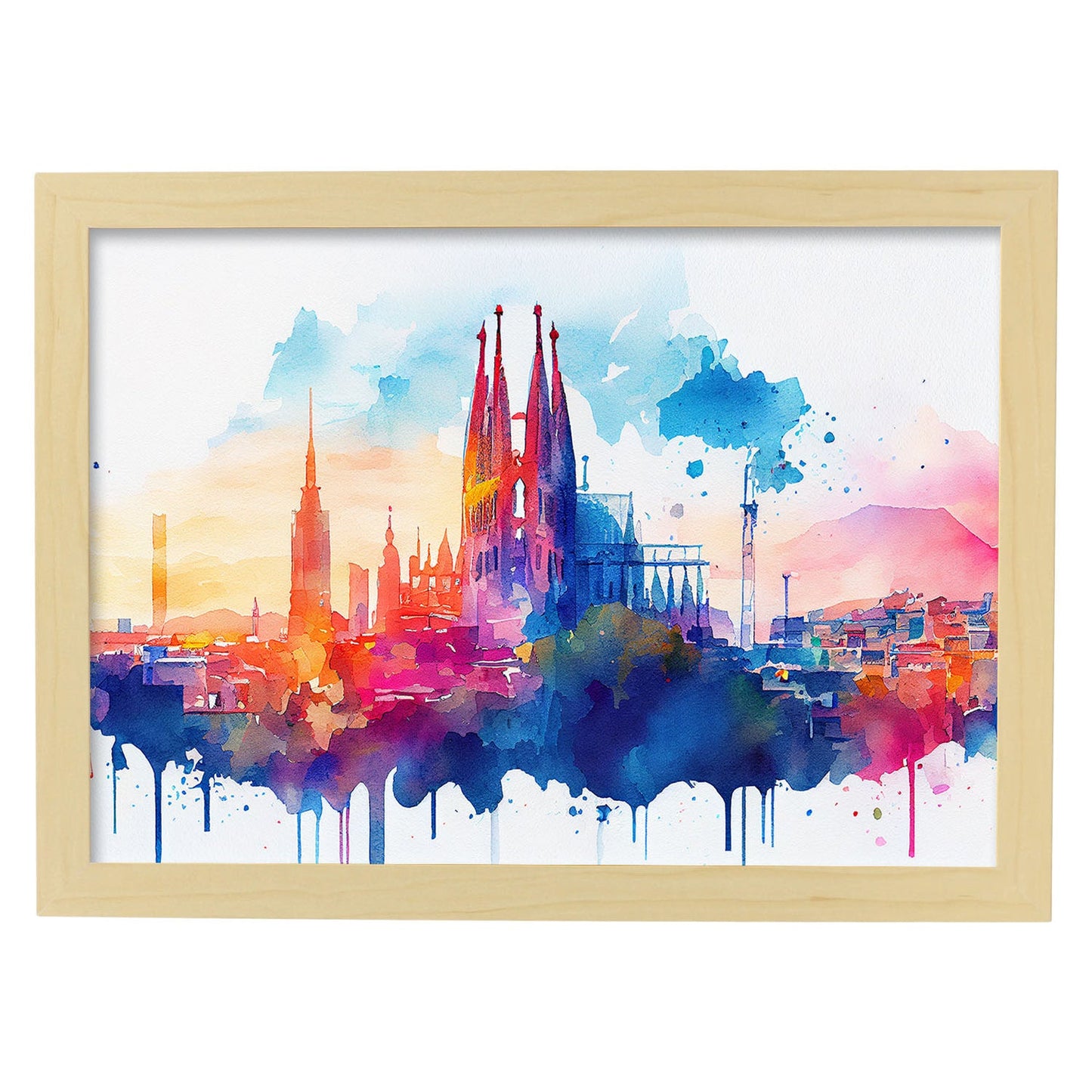 Nacnic watercolor of a skyline of the city of Barcelona_1. Aesthetic Wall Art Prints for Bedroom or Living Room Design.-Artwork-Nacnic-A4-Marco Madera Clara-Nacnic Estudio SL