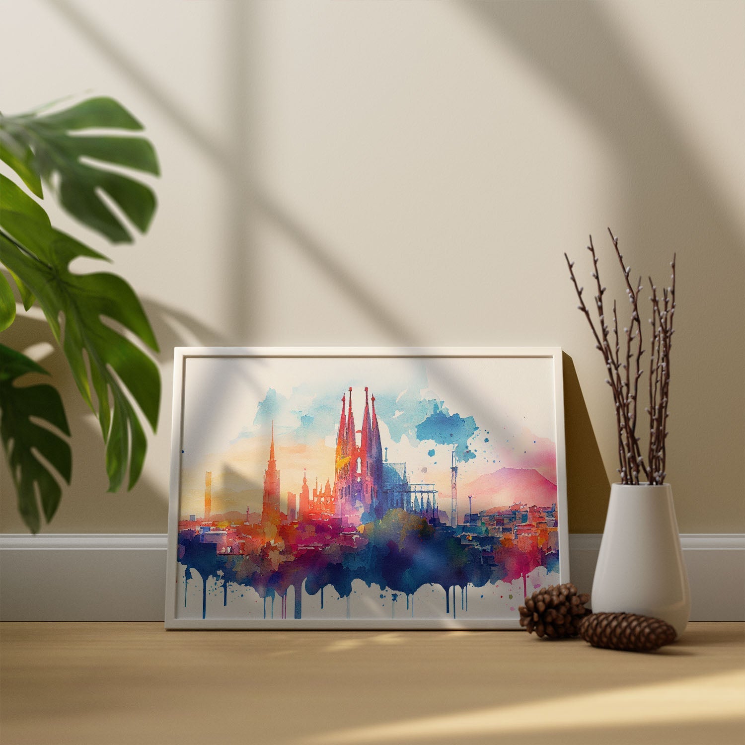 Nacnic watercolor of a skyline of the city of Barcelona_1. Aesthetic Wall Art Prints for Bedroom or Living Room Design.-Artwork-Nacnic-A4-Sin Marco-Nacnic Estudio SL