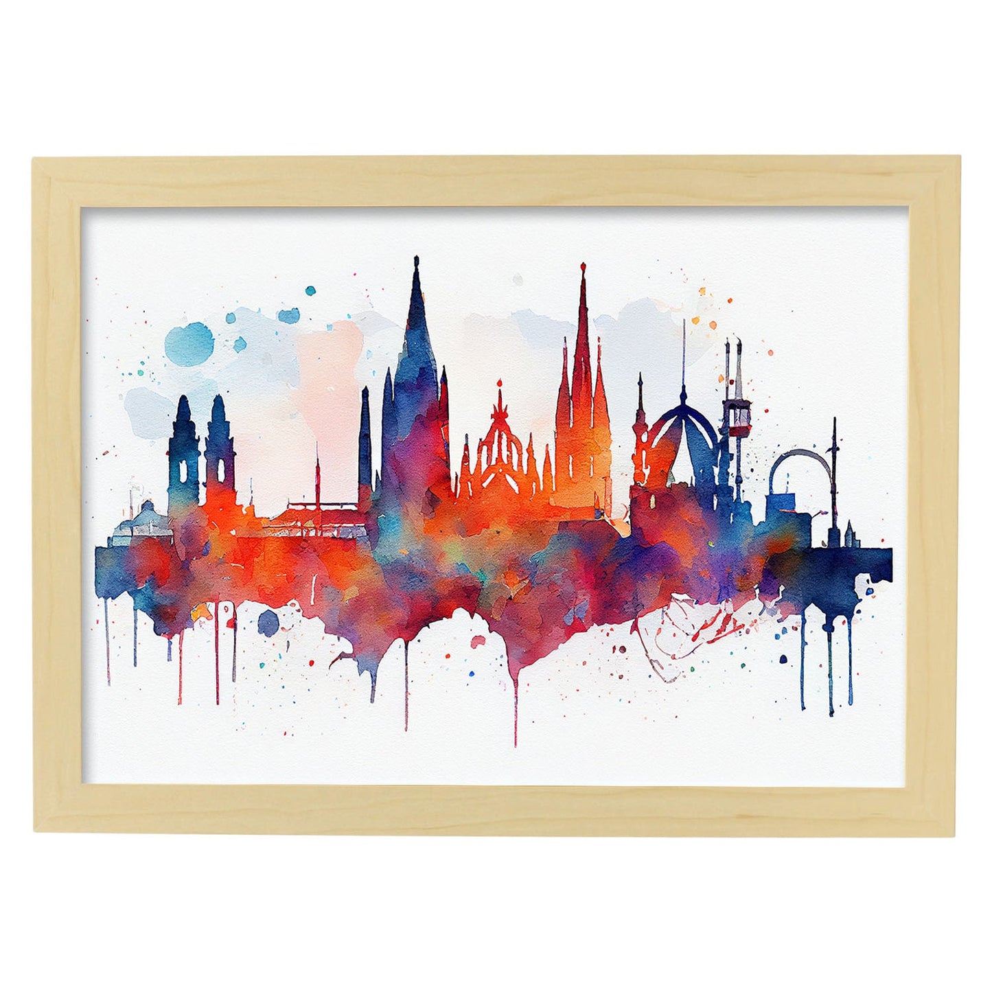 Nacnic watercolor of a skyline of the city of Barcelona_2. Aesthetic Wall Art Prints for Bedroom or Living Room Design.-Artwork-Nacnic-A4-Marco Madera Clara-Nacnic Estudio SL