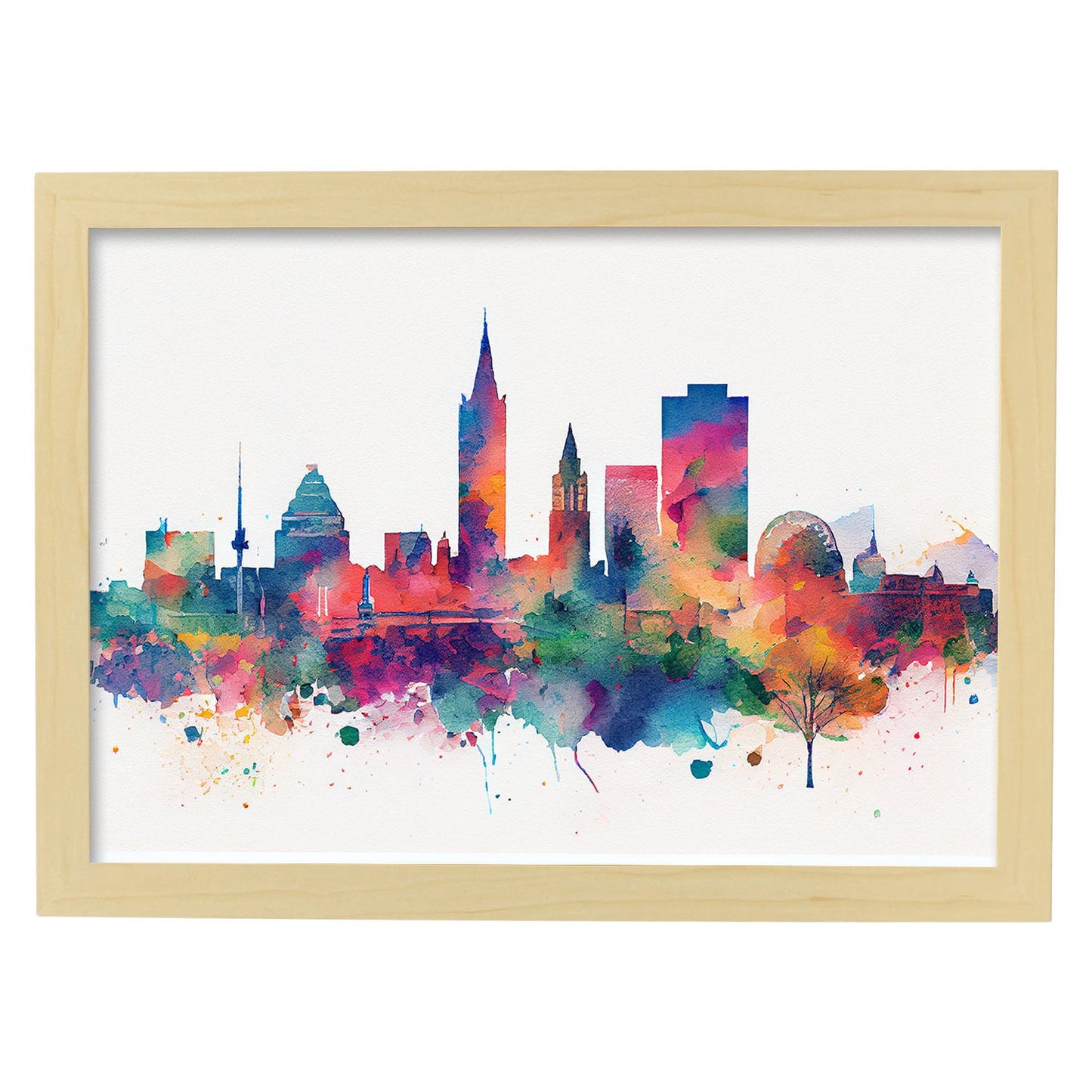 Nacnic watercolor of a skyline of the city of Birmingham. Aesthetic Wall Art Prints for Bedroom or Living Room Design.-Artwork-Nacnic-A4-Marco Madera Clara-Nacnic Estudio SL